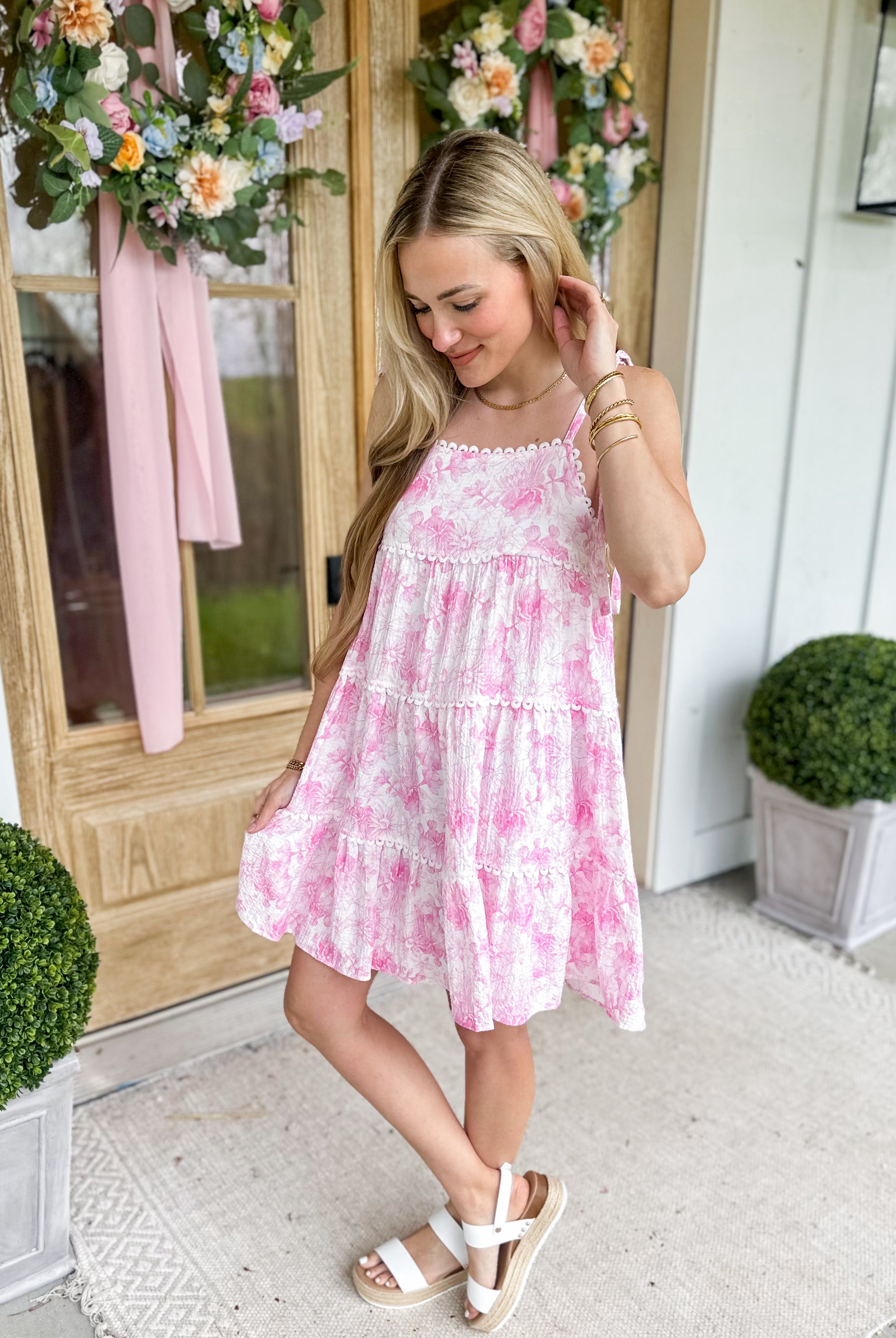 Matilda Pink Floral Tiered Scallop Trim Dress - Be You Boutique