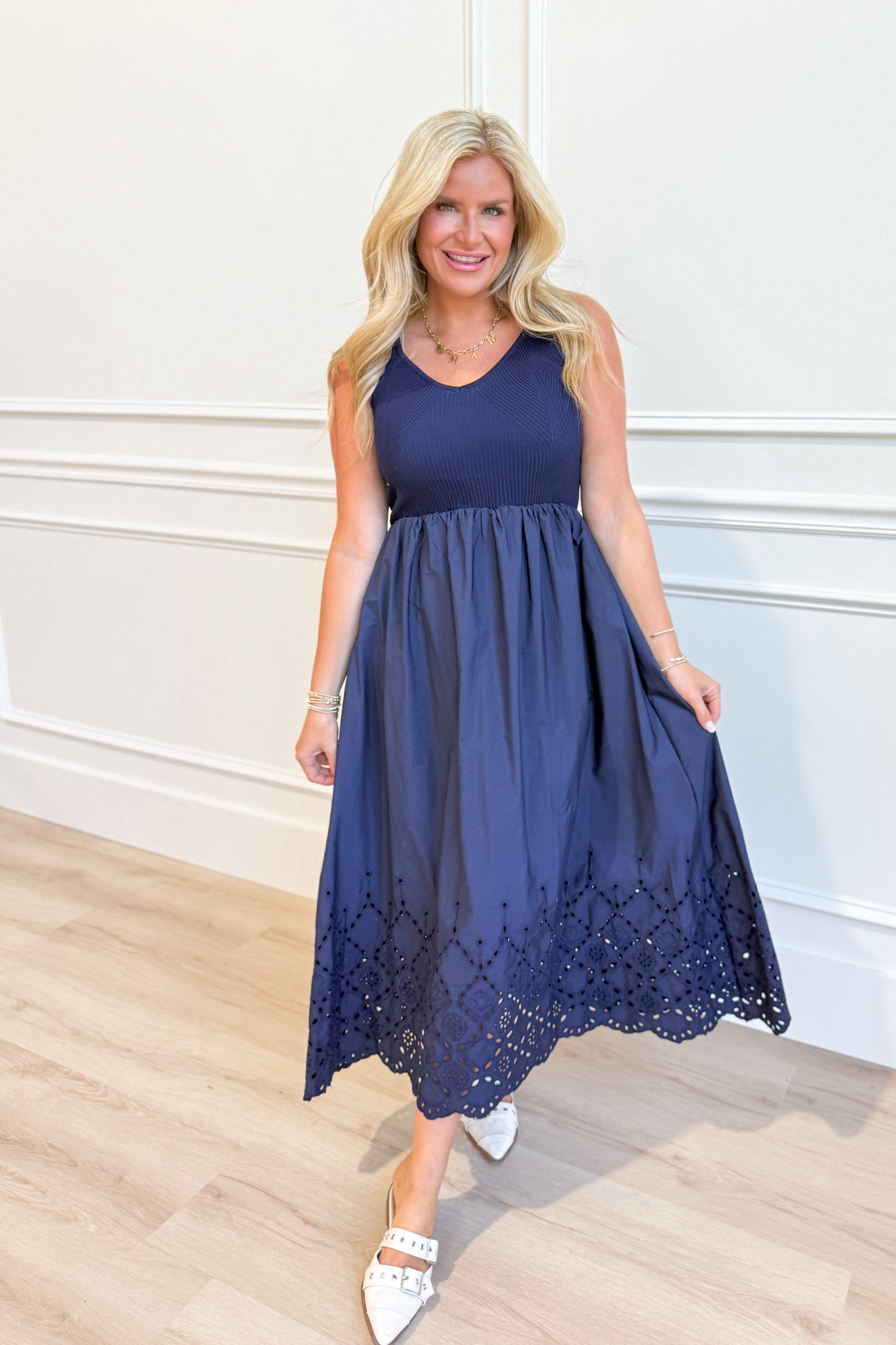 Laura Eyelet Hem Tank Midi Dress - Be You Boutique