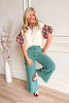 Callie Mineral Wash Plaid Puff Sleeve Top - Be You Boutique