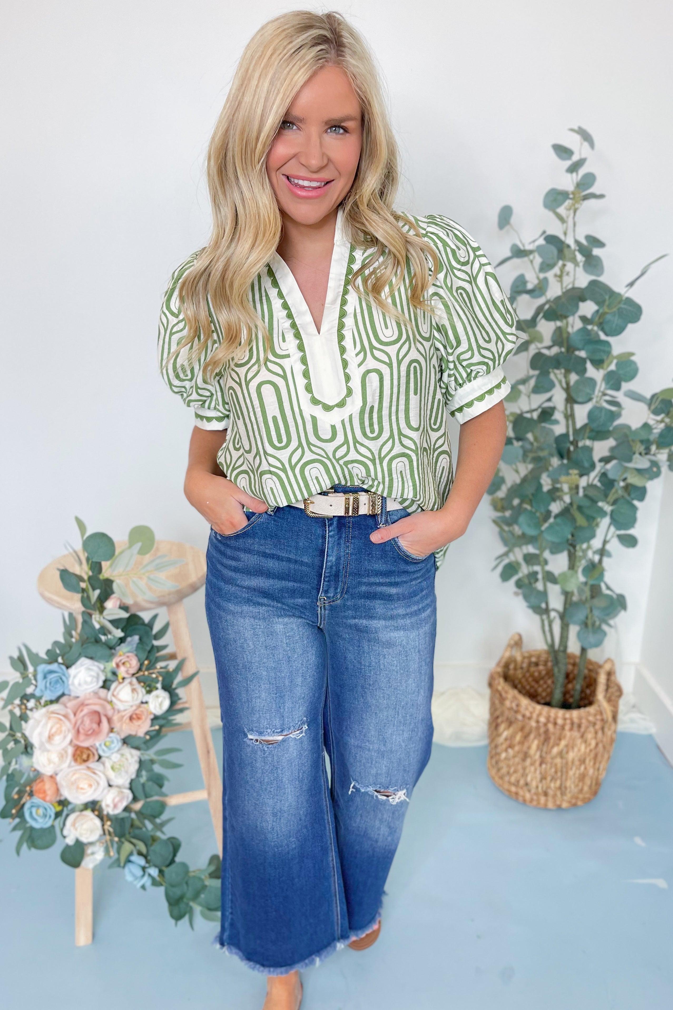 Ellen Abstract High Neck Scallop Trim Top - Be You Boutique