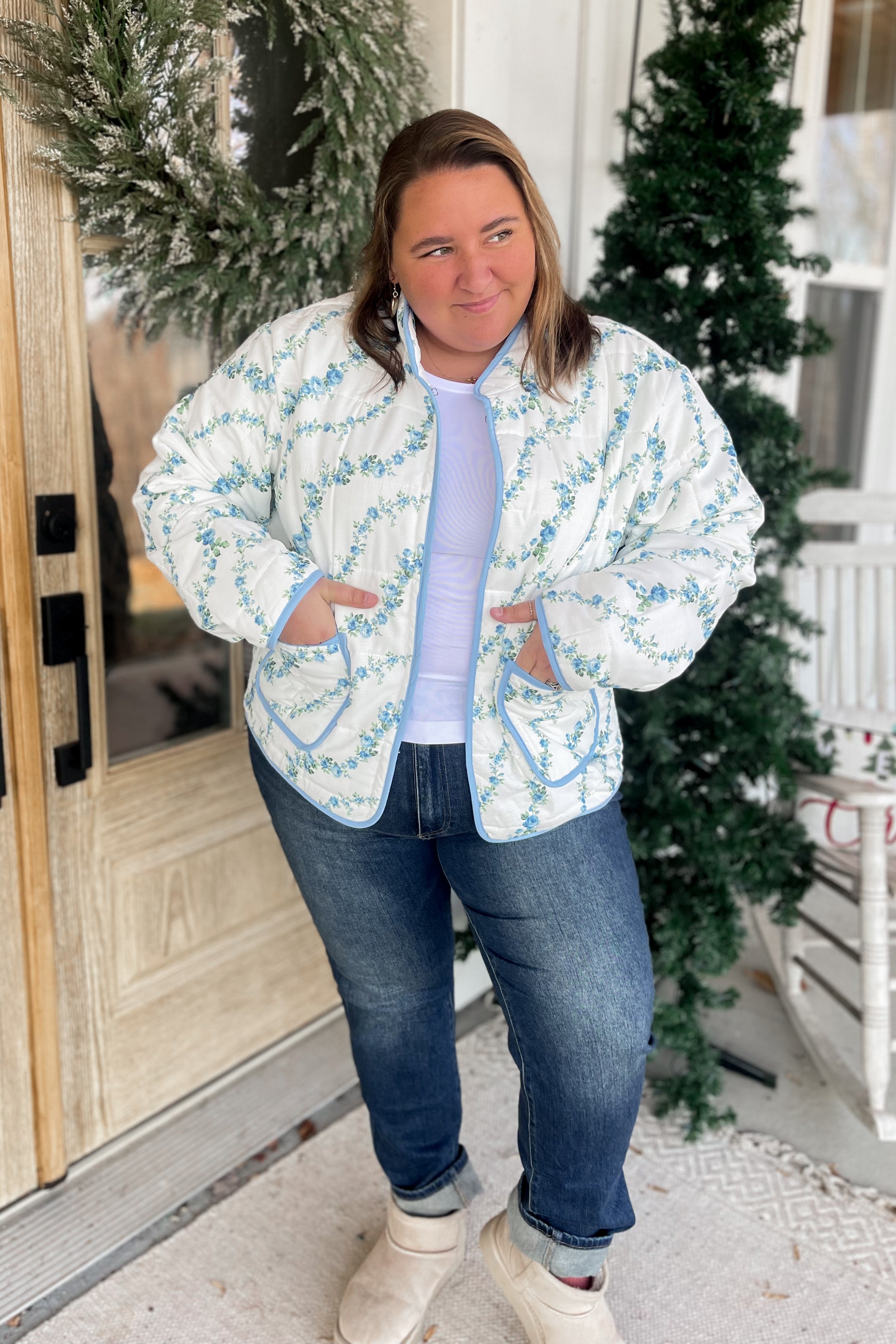 Amber Floral Print Quilted Contrast Binding Jacket - Be You Boutique