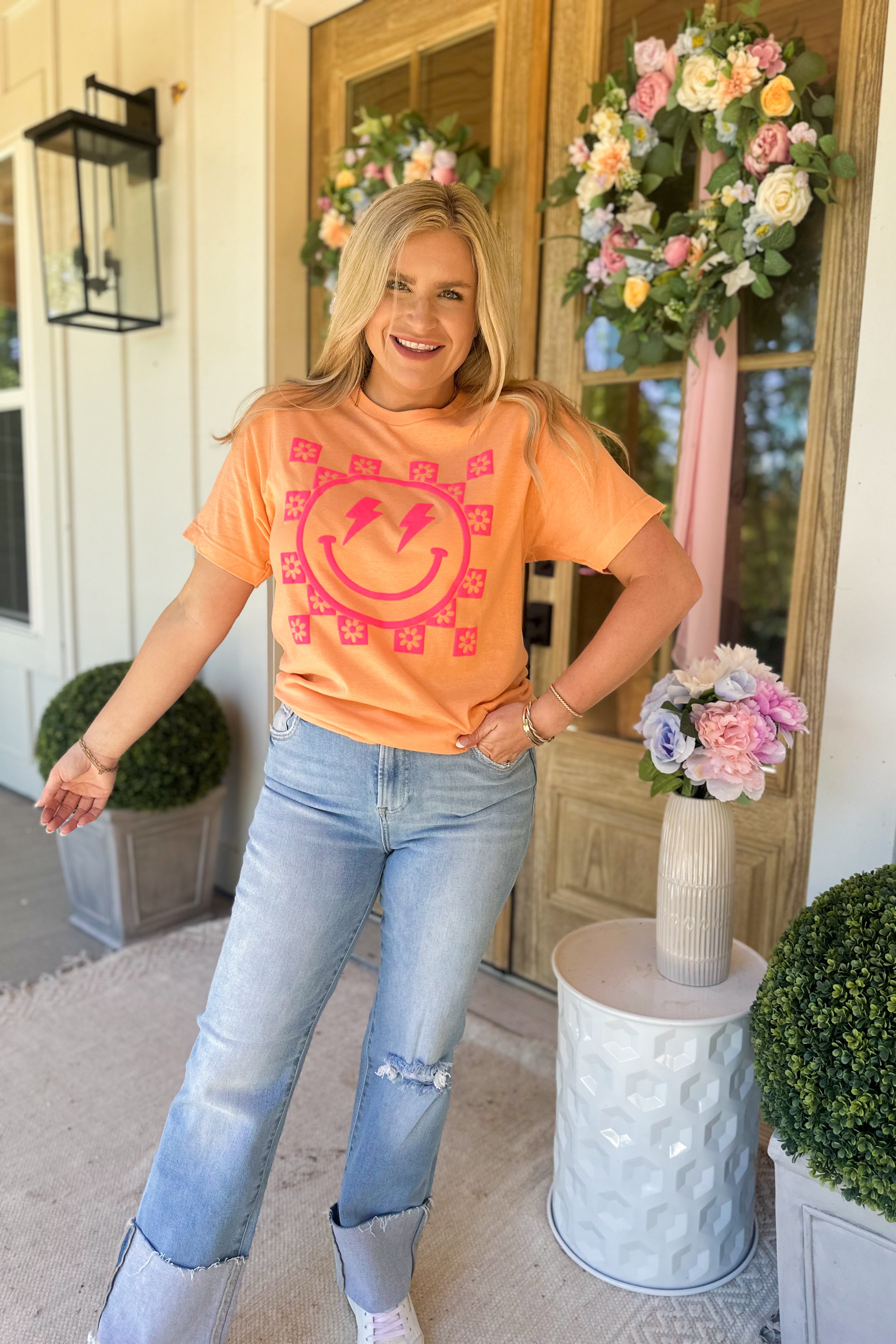 Happy Check Lightening Flower Short Sleeve Graphic Tee - Be You Boutique