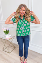 Taylor Floral Color Block Top by TCEC, 110 dressy women's blouse with vibrant floral and color block design, front view.