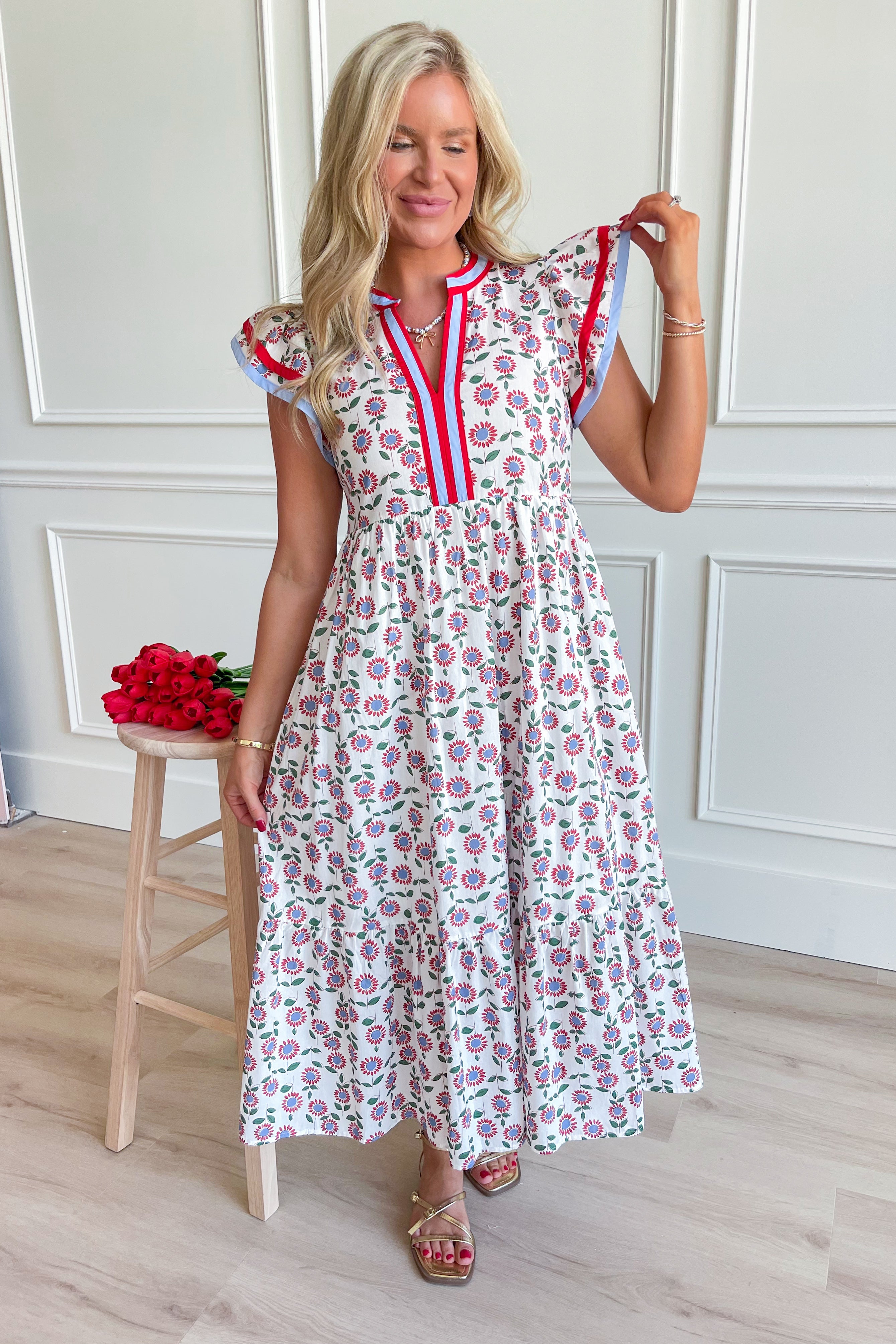 Cheryl Floral Flutter Sleeve Midi Dress - Be You Boutique