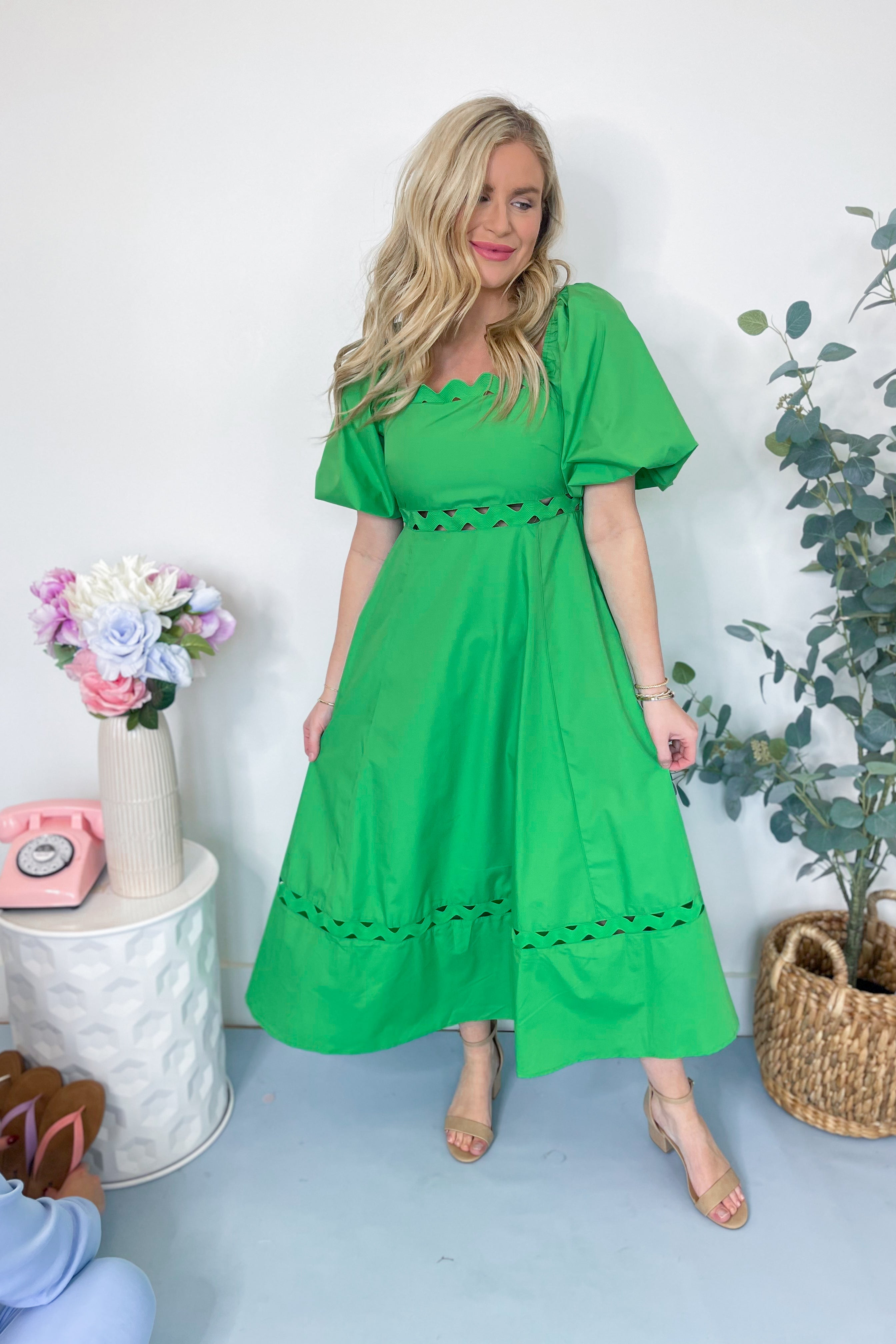 Brennley Puff Sleeve Ric Rac Trim Midi Dress - Be You Boutique