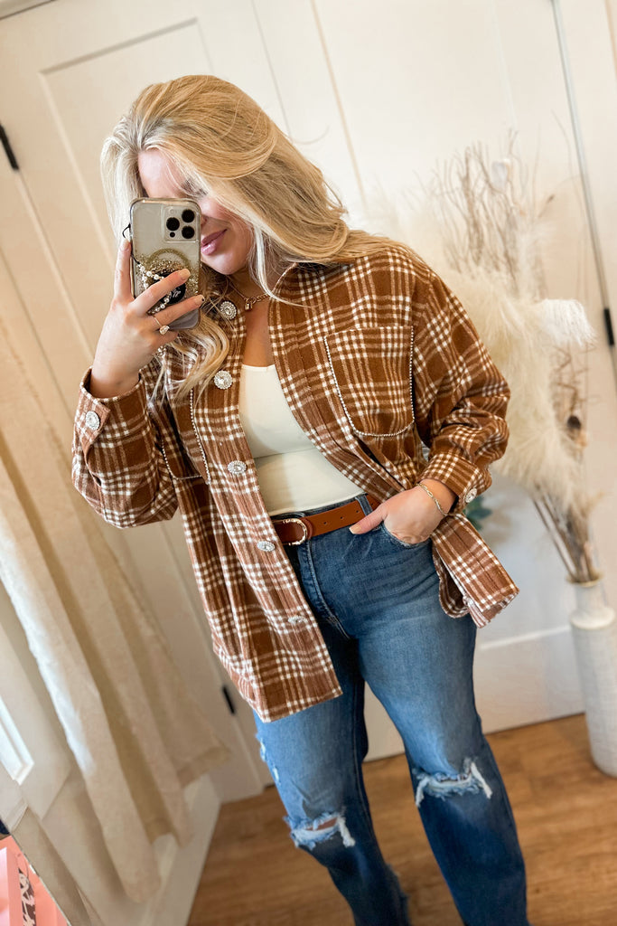 Braydon Flannel Shirt Shacket Jacket Top with Pockets and Rhinestones - Be You Boutique