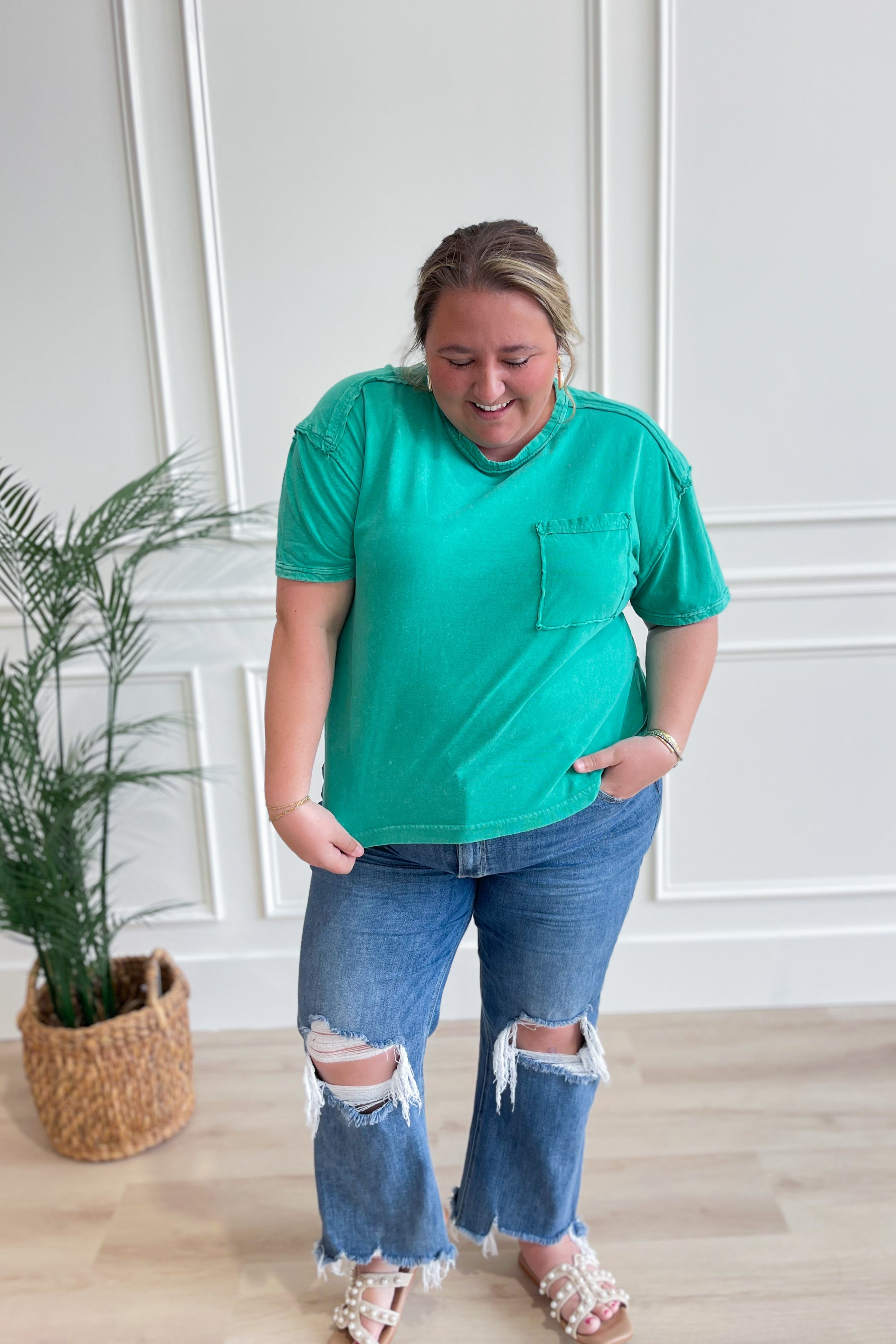 Clara Short Sleeve Washed Knit Pocket Tee - Green - Be You Boutique