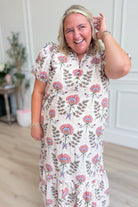 ENTRO Frankie floral printed split neck midi dress, elegant dressy dress with a flowy silhouette and vibrant floral pattern.