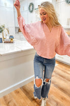 Cynthia V Neck 3/4 Sleeve Eyelet Detail Top - Be You Boutique