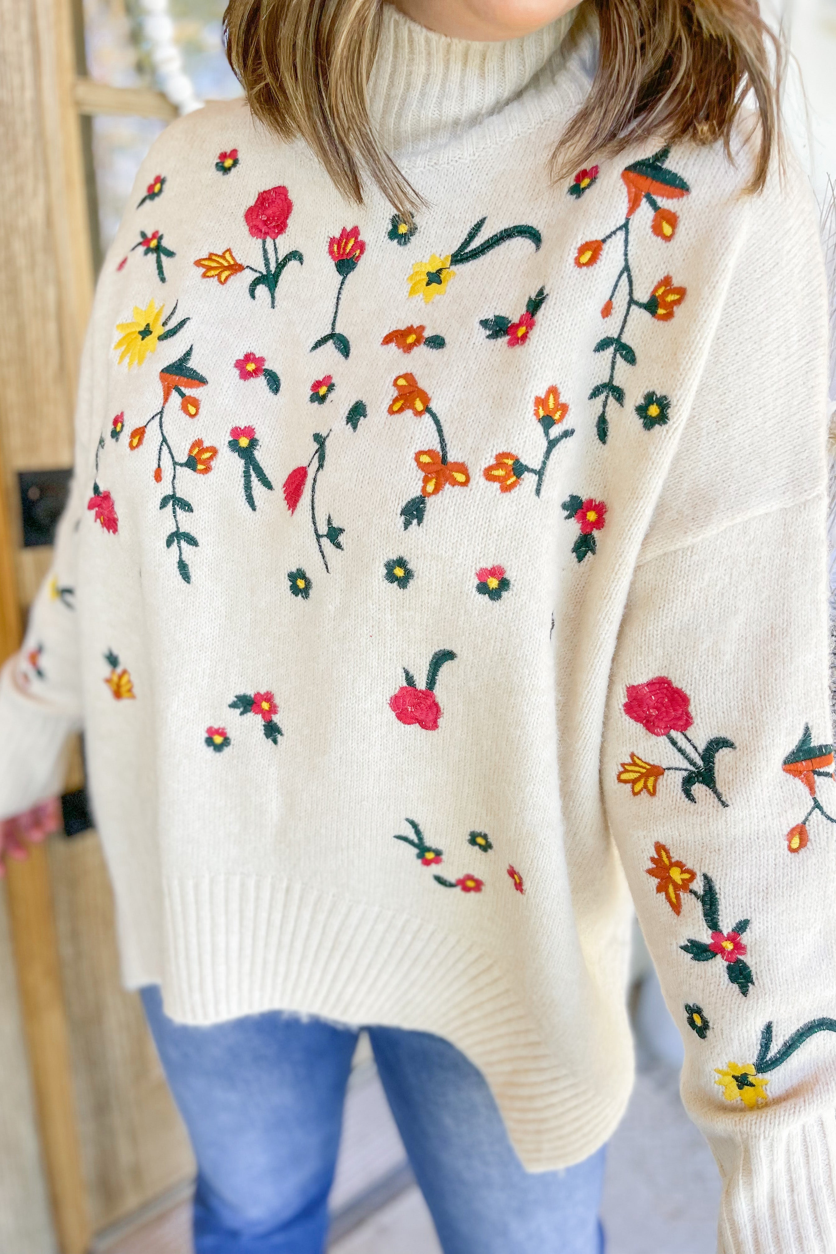 Laural Floral Embroidery Turtle Neck Sweater - Be You Boutique