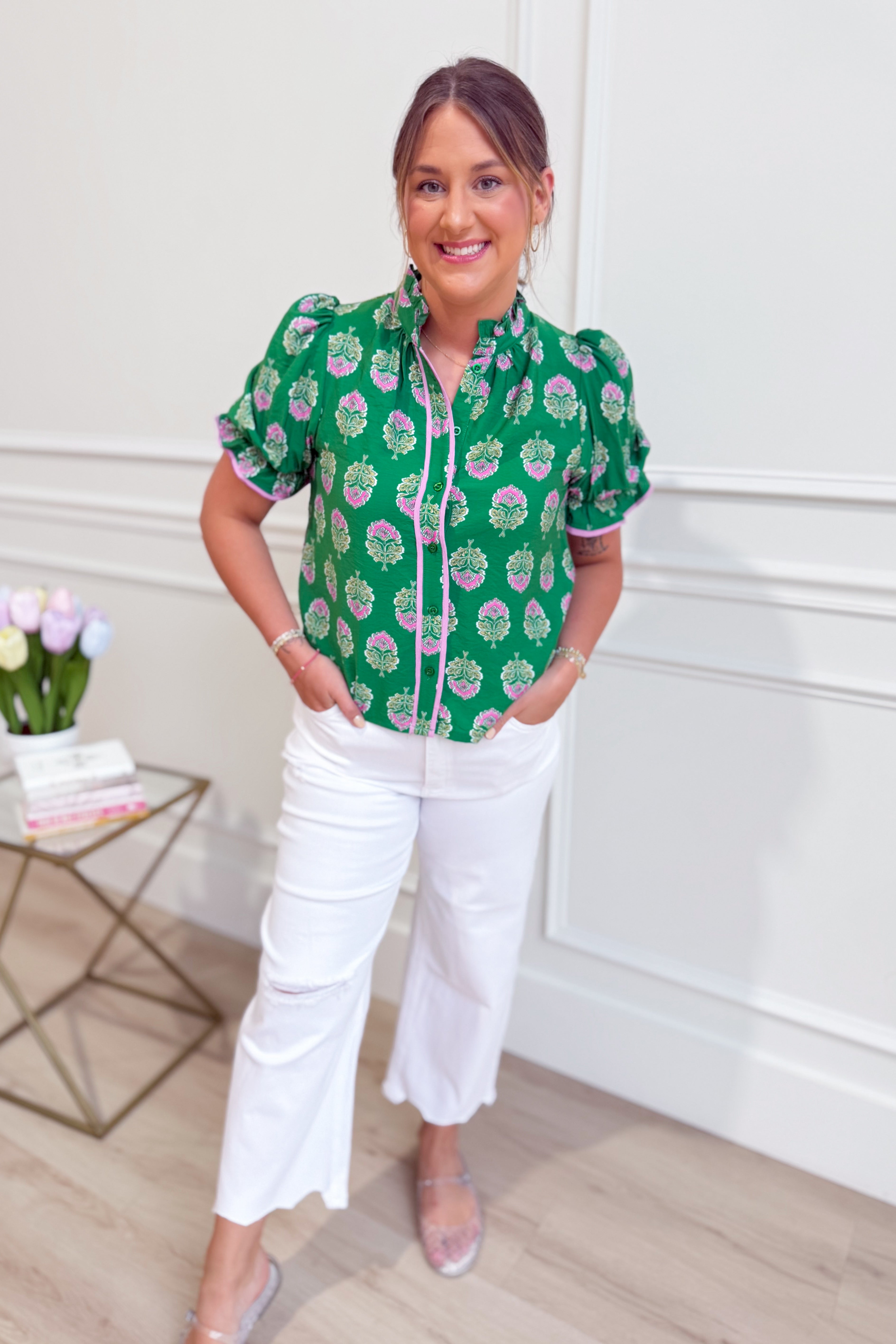 TCEC Taylor floral color block top featuring vibrant floral patterns and color blocking, perfect for dressy occasions.