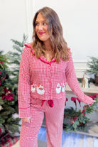 Peach Love Nicholas Gingham Santa embroidered pajama pants with festive holiday design, featuring Santa embroidery on soft fabric.