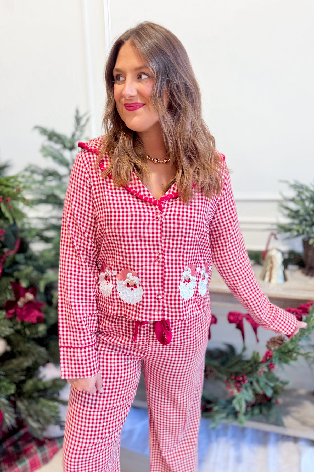 Peach Love Nicholas Gingham Santa embroidered pajama pants with festive holiday design, featuring Santa embroidery on soft fabric.