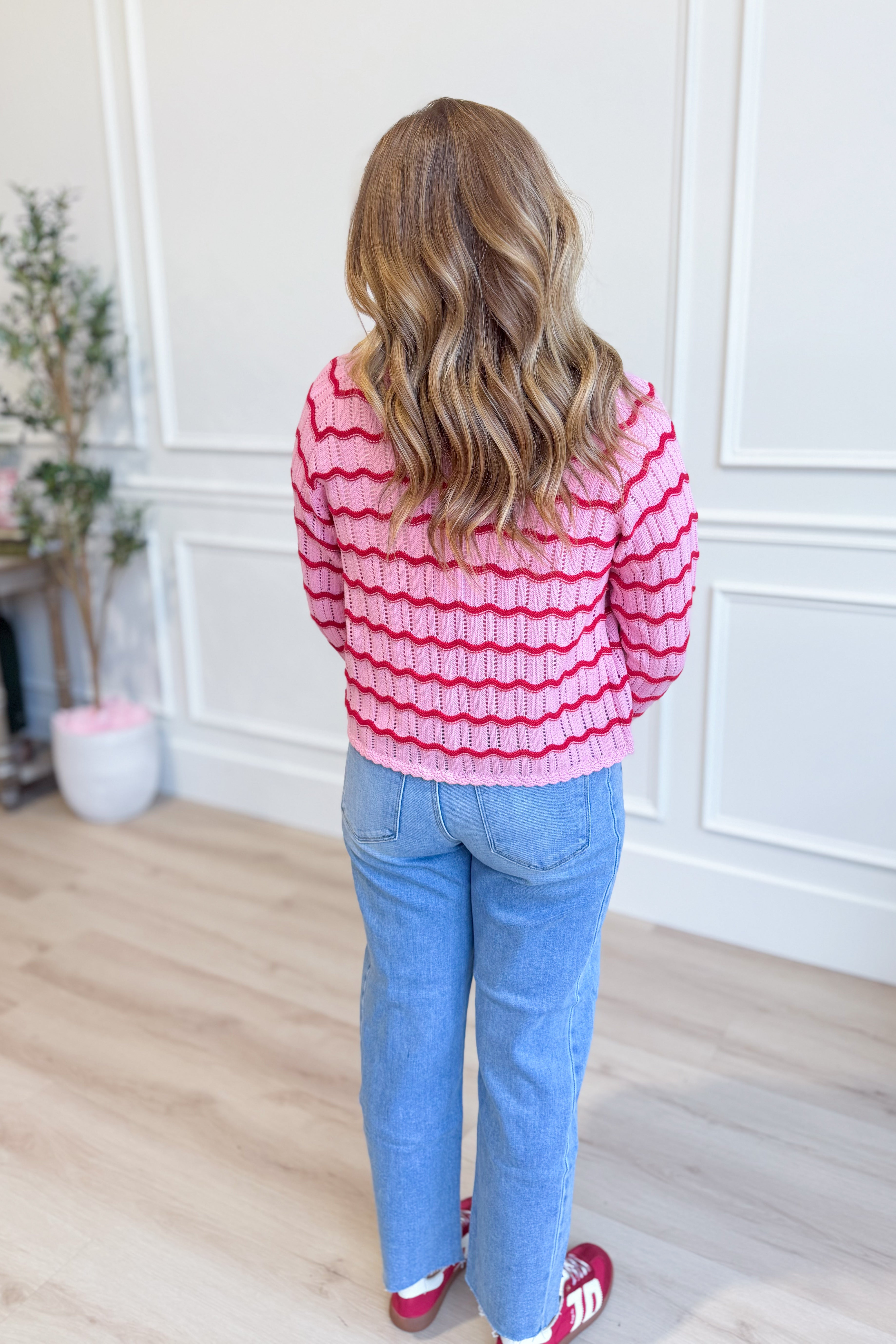 Pink crochet knit cardigan from BAEVELY's Sarah 131 Spring Sweaters collection, featuring a lightweight, stylish design.