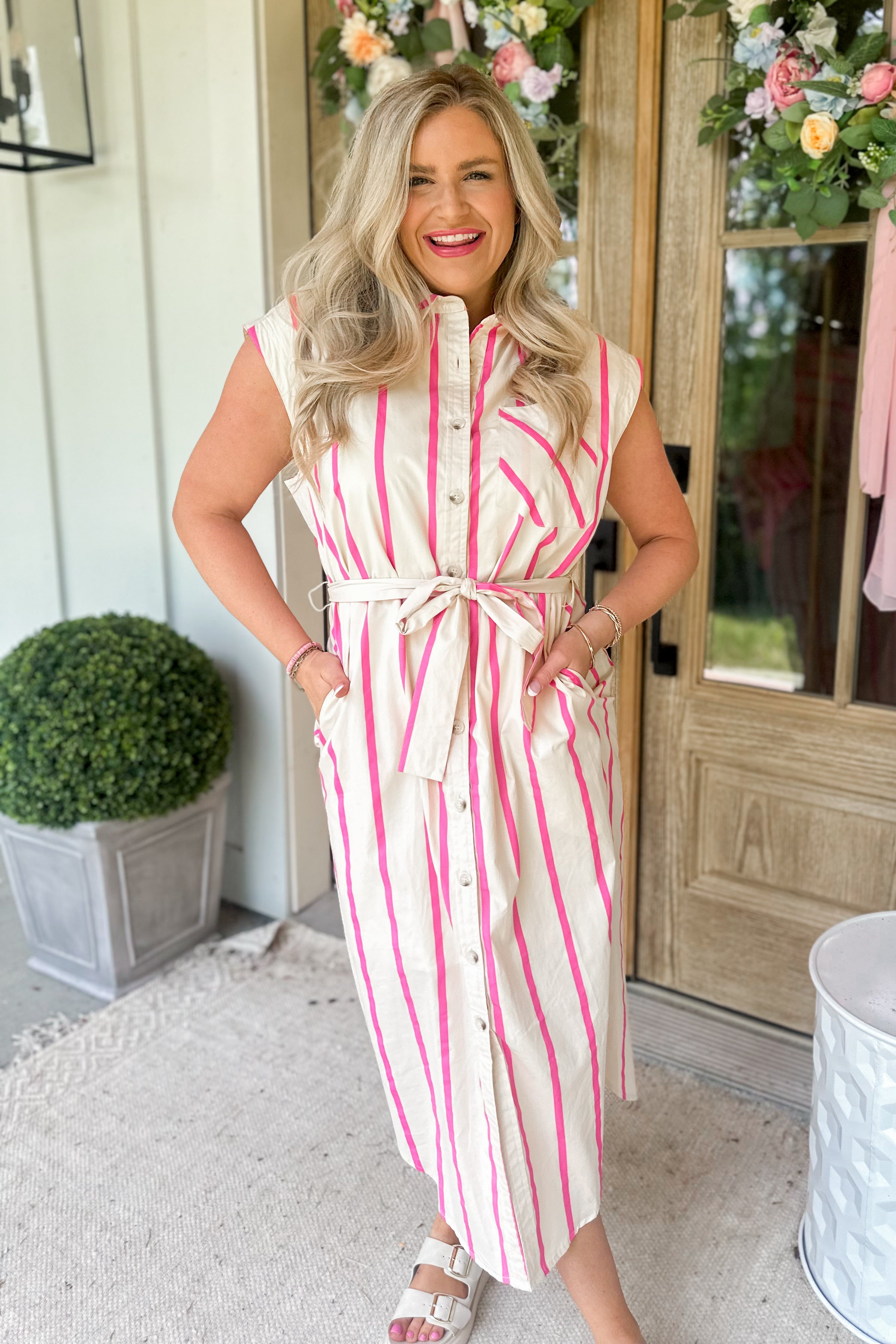 Juliet Striped Sleeveless Button Up Collared Midi Dress - Be You Boutique