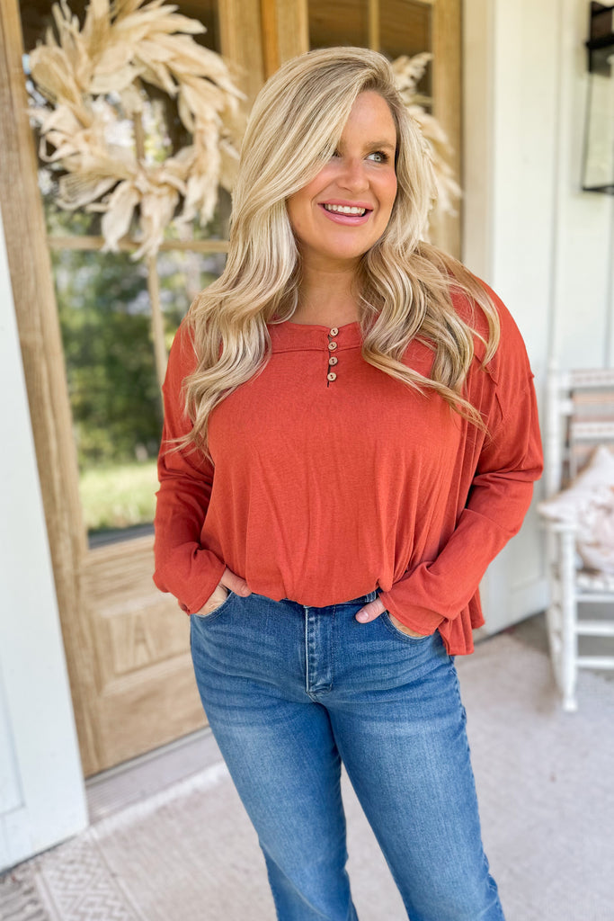 Rusty Loose Fit Henley Long Sleeve Top - Be You Boutique