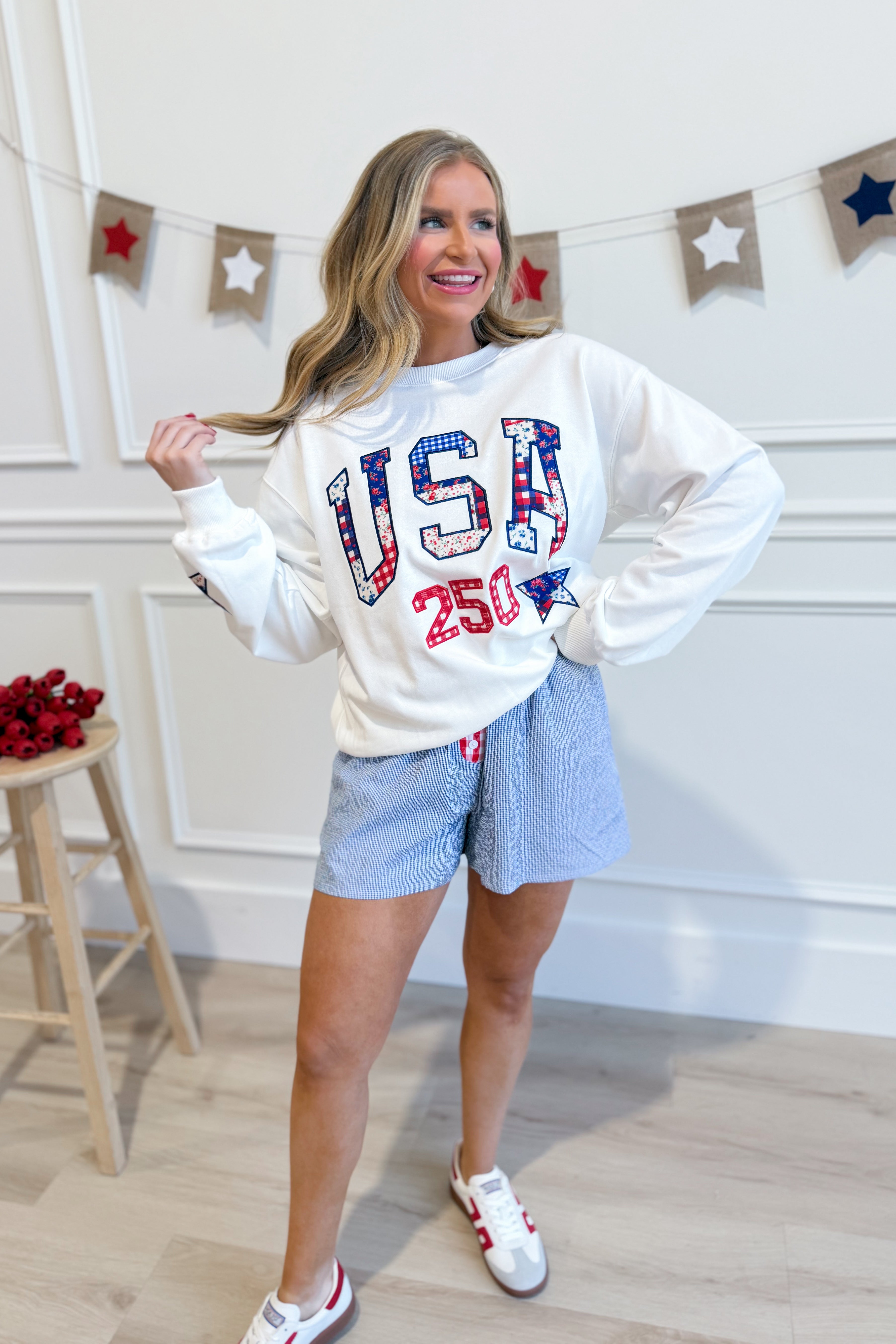 Peach Love Benny USA graphic pullover sweatshirt with bold USA flag and graphic design on soft, casual 137 sweatshirt.