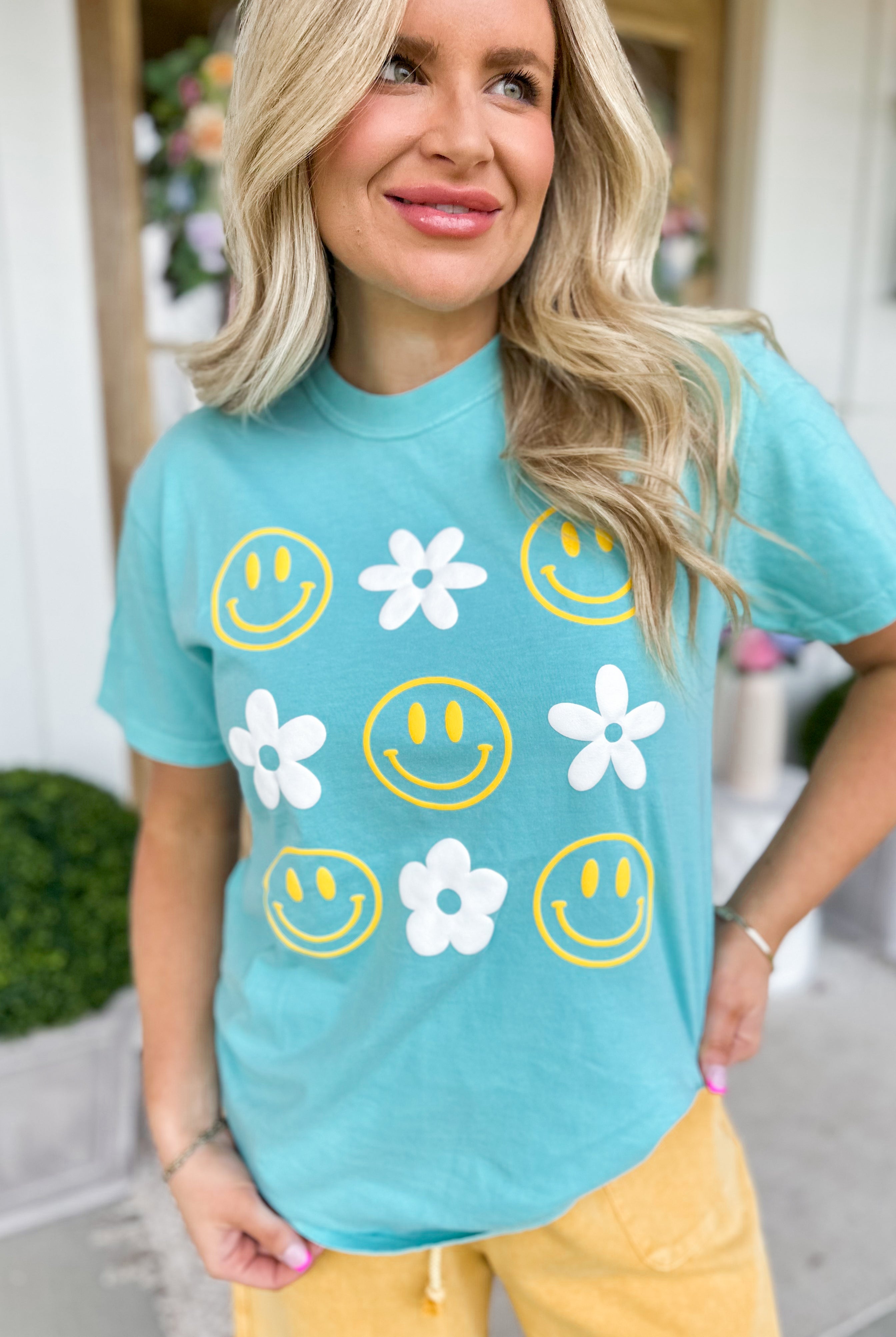 Happy and Flower Check Short Sleeve Graphic Tee - Be You Boutique