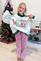 Bucket List Rudy Red Striped Holiday Pants, 156 pants with festive red and white stripes, comfortable holiday-themed apparel.