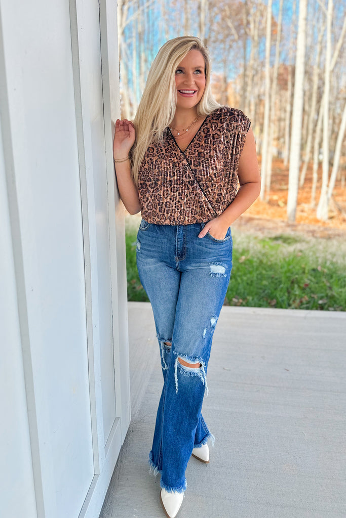 Jayce Sequin Animal Print Surplice Wrap Bodysuit - Be You Boutique