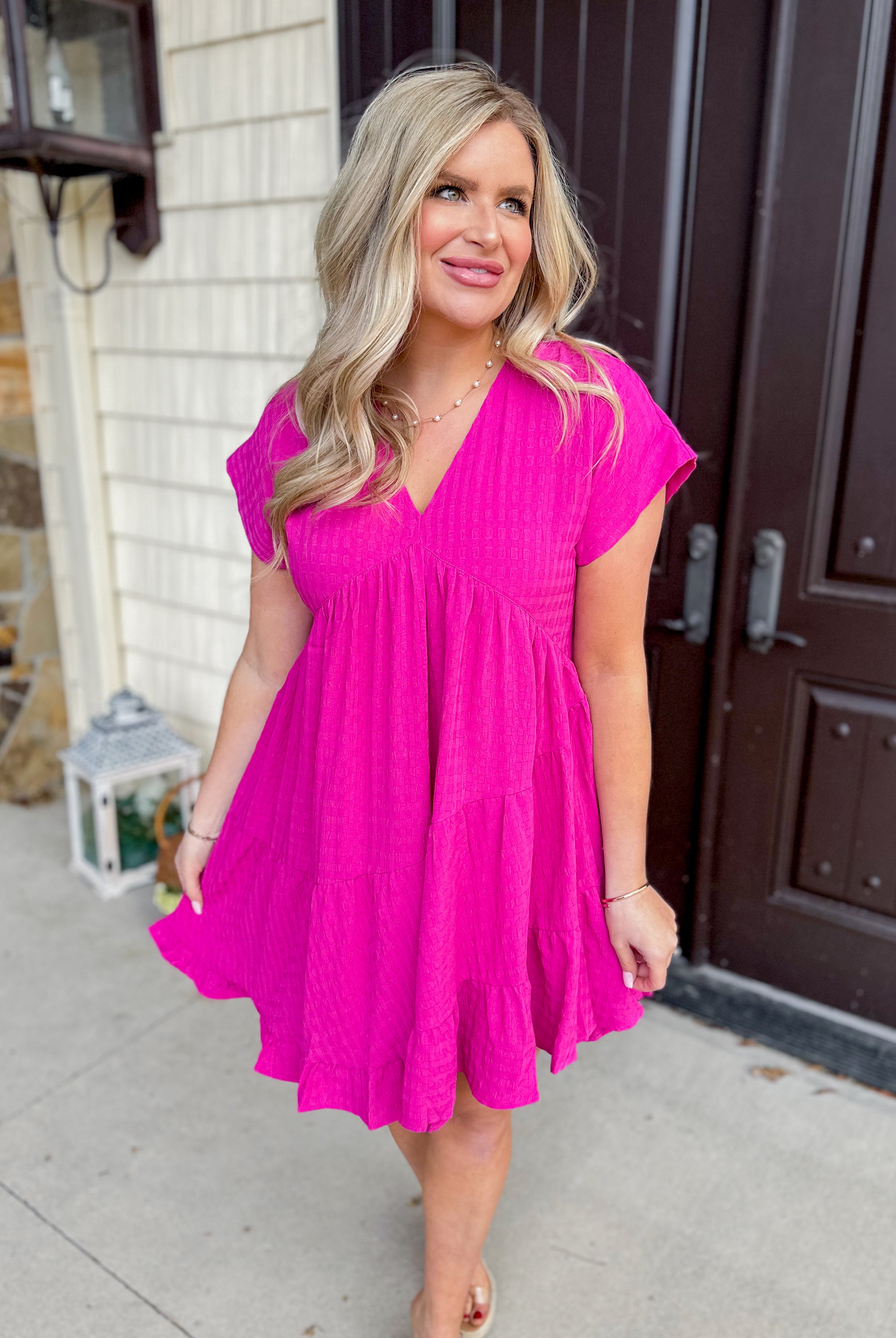 Maggie Textured V Neck Ruffle Hem Dress - Be You Boutique