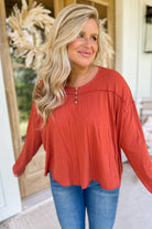 Rusty Loose Fit Henley Long Sleeve Top - Be You Boutique