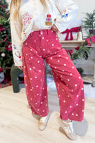 Peach Love Whitney polka dot twill barrel pants in novelty jeans style, featuring a relaxed fit and polka dot pattern.