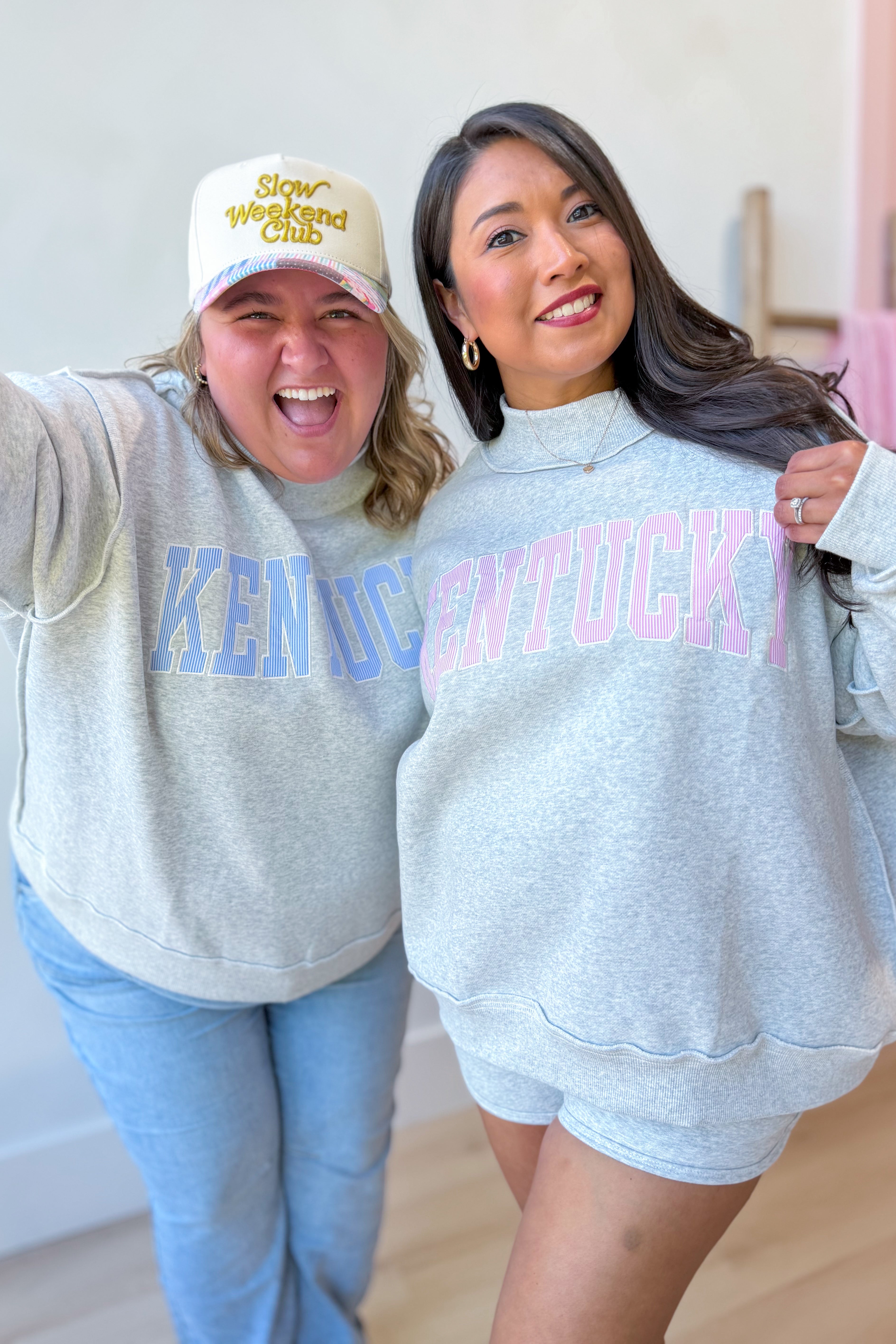 Kentucky Pink Striped Mock Embroidered Sweatshirt from BUCKET LIST 137 Graphic Sweatshirts collection, featuring pink stripes and embroidered details.