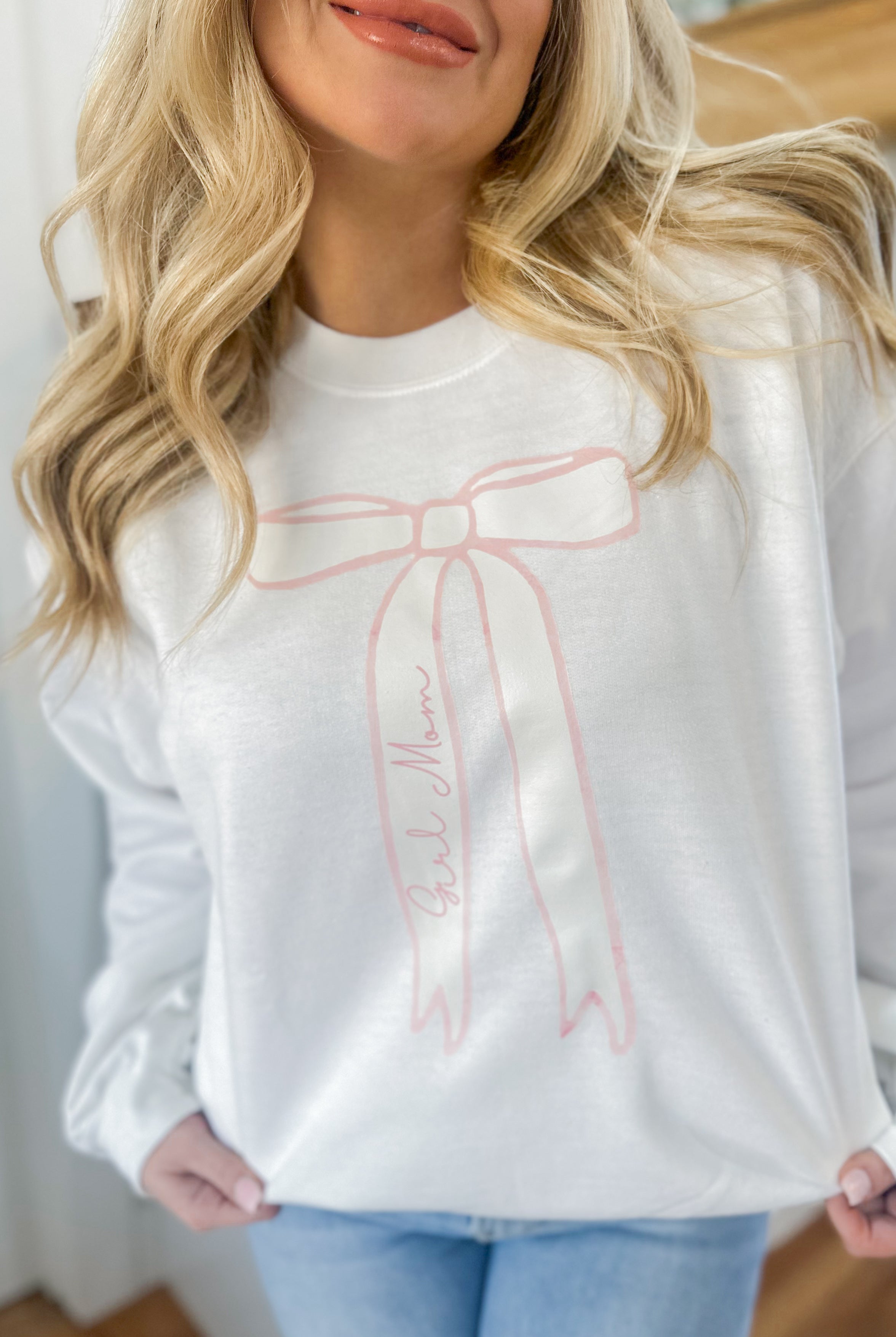 Dainty Pink Bow for MOM Long Sleeve Crew Neck Sweatshirt - Be You Boutique