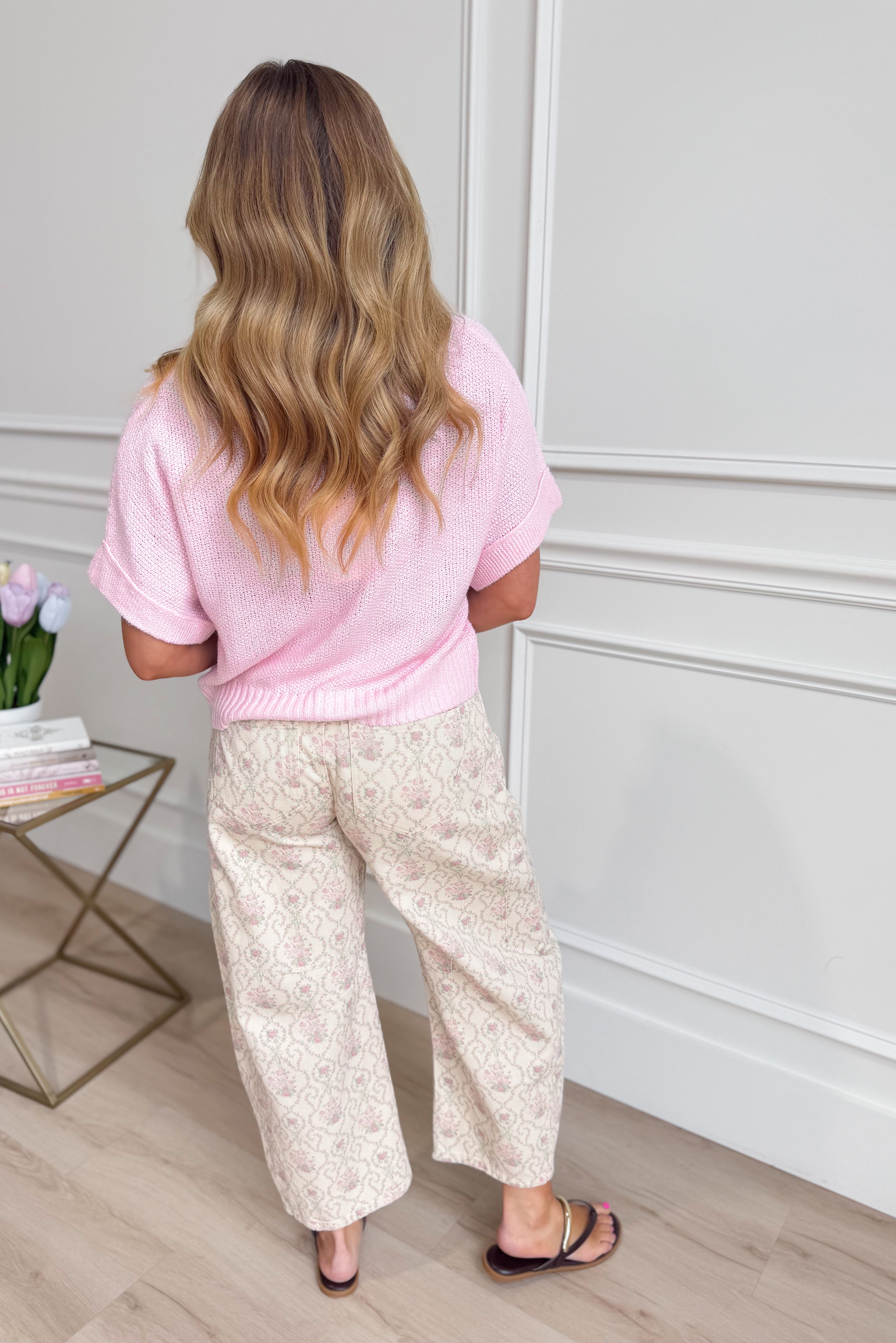 Pink Brianna spring knitted short sleeve top by ENTRO, stylish 131 spring sweater with a soft, textured fabric and fitted design.