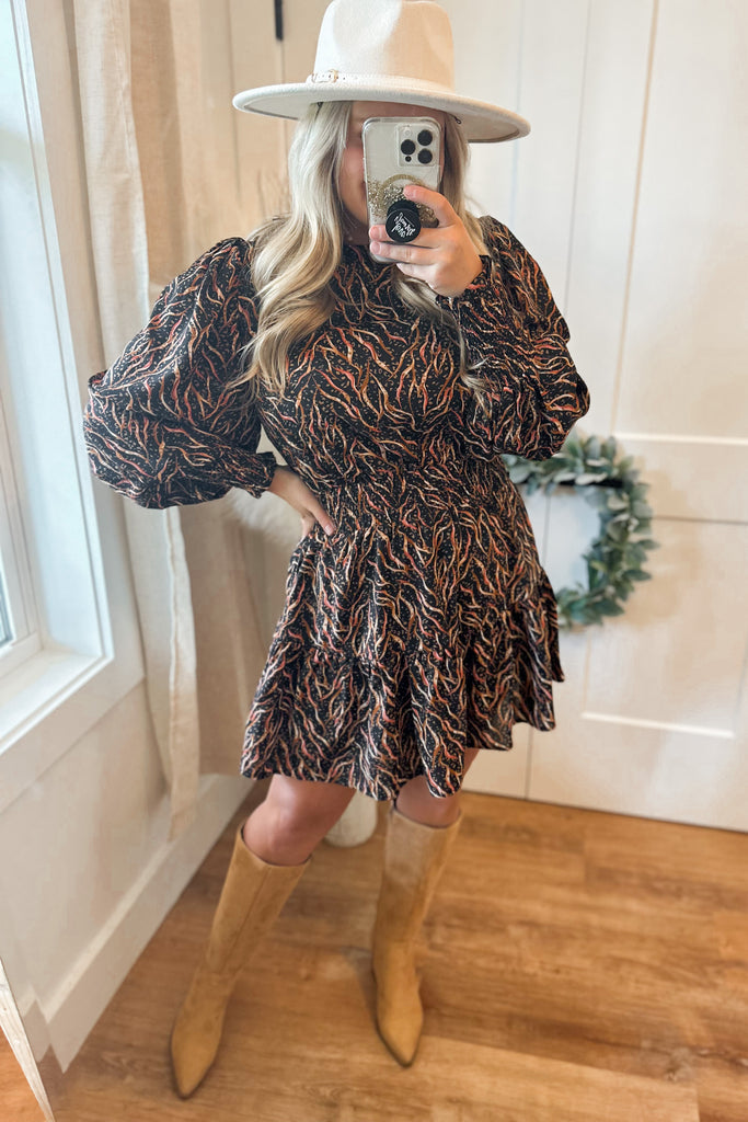 Brook Long Sleeve Tiered Black Print Dress - Be You Boutique