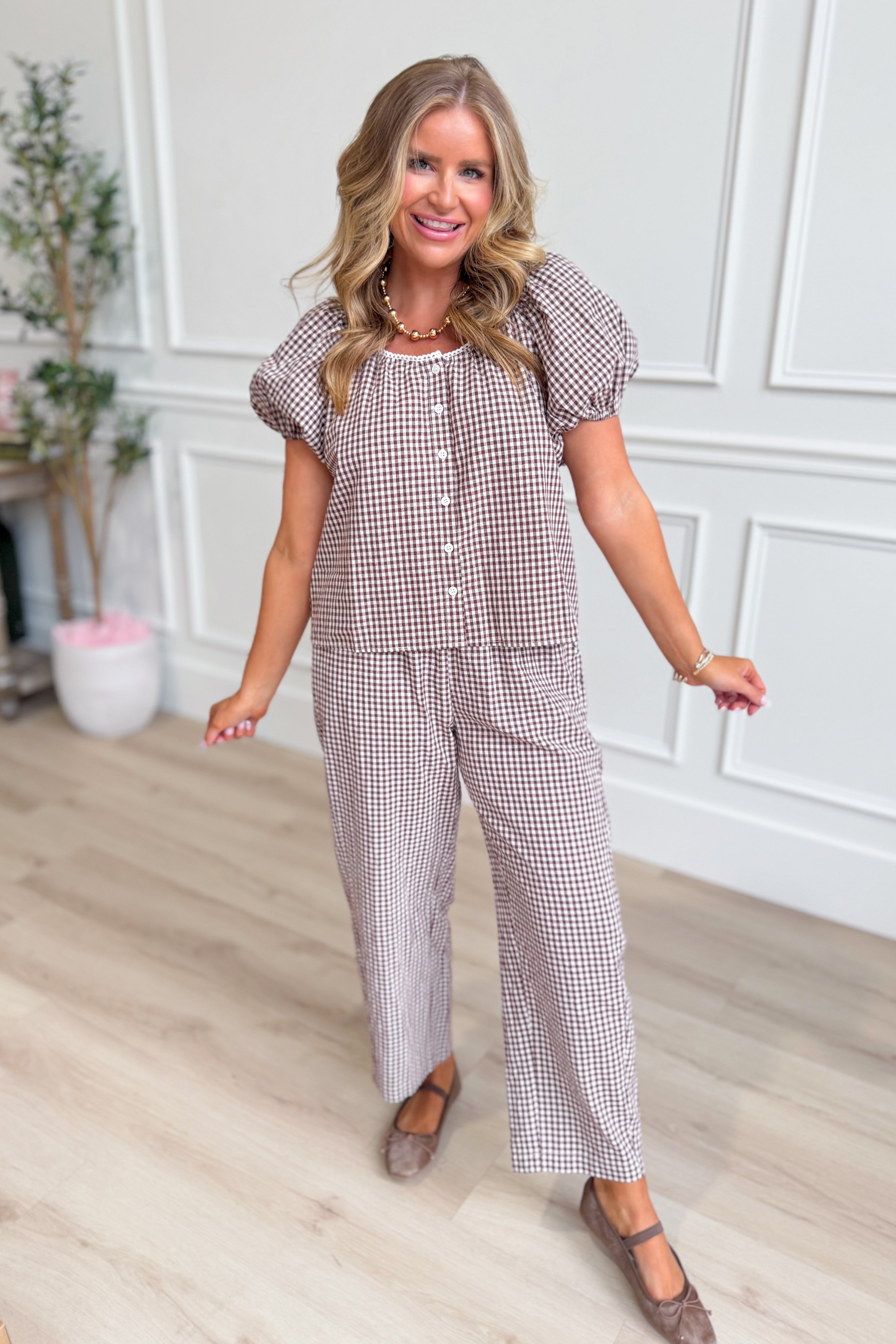TWENTIFOURTH Linus Espresso Gingham Straight Leg Pant, 156 Pants, showing front view of classic gingham pattern and tailored fit.