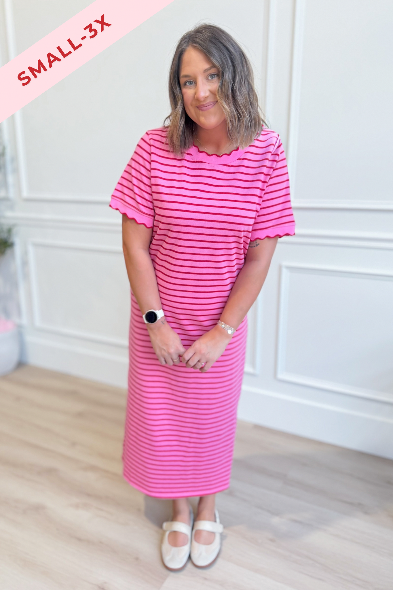 Pink striped short sleeve midi dress by BAEVELY, casual style with a flowy fit and soft fabric, perfect for warm weather.