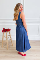 BLU PEPPER Randall denim sleeveless midi dress with casual fit, featuring a relaxed, stylish design perfect for warm weather.