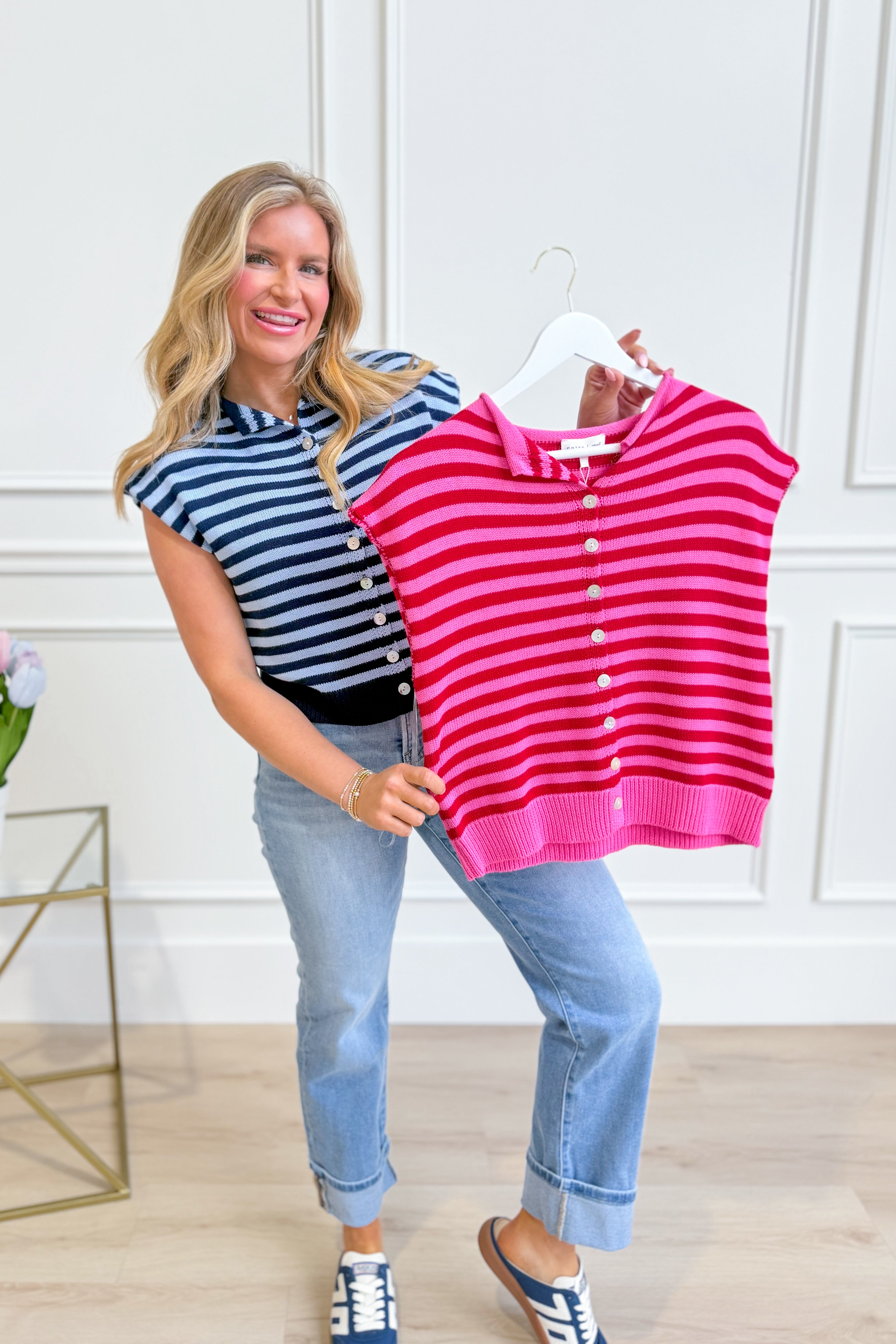 ENTRO Maggie striped button-down casual top with long sleeves, featuring a relaxed fit and bold horizontal stripes.