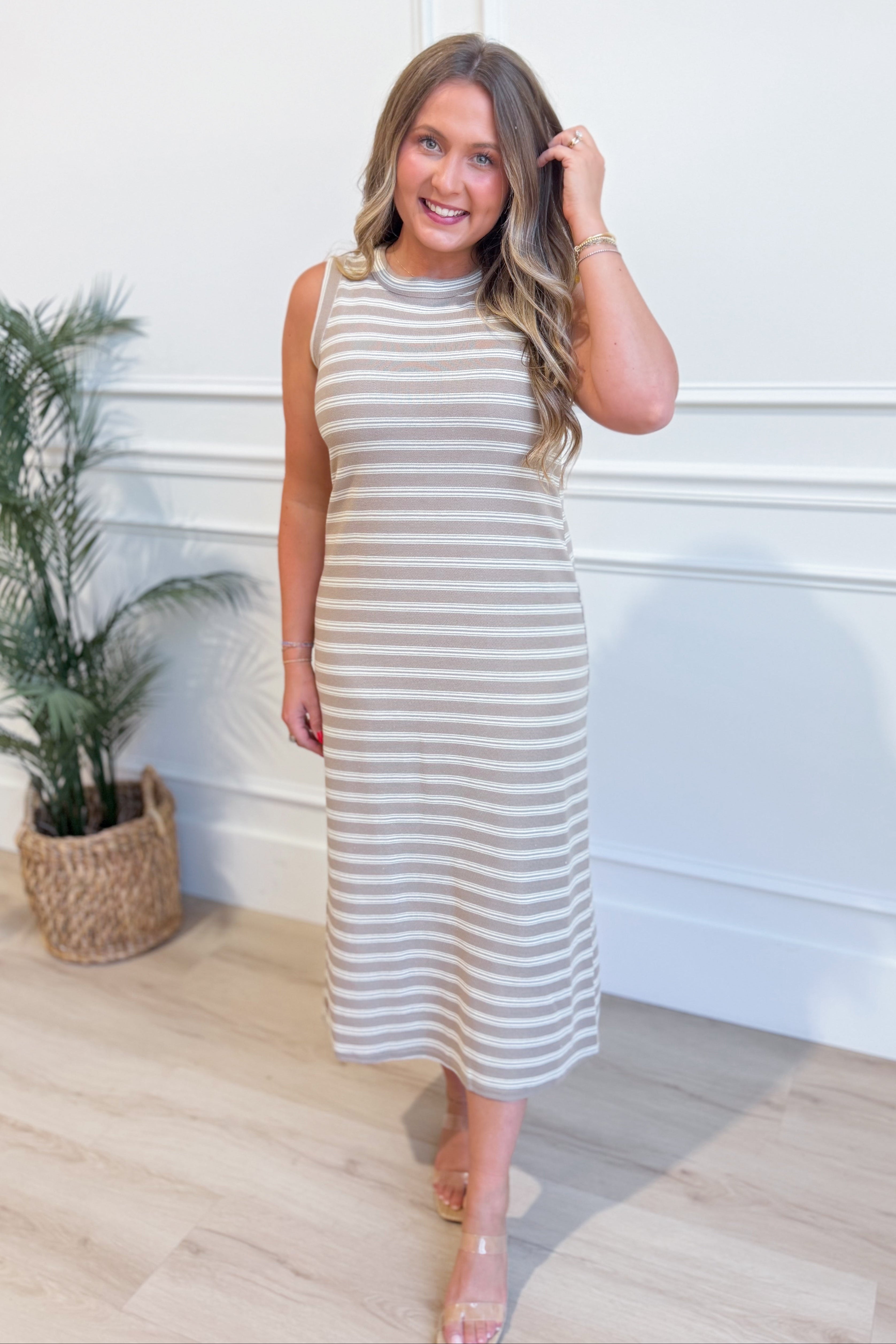 taupe casual dress Petal and Pup Women's Nova Wrap Knit Midi Dress