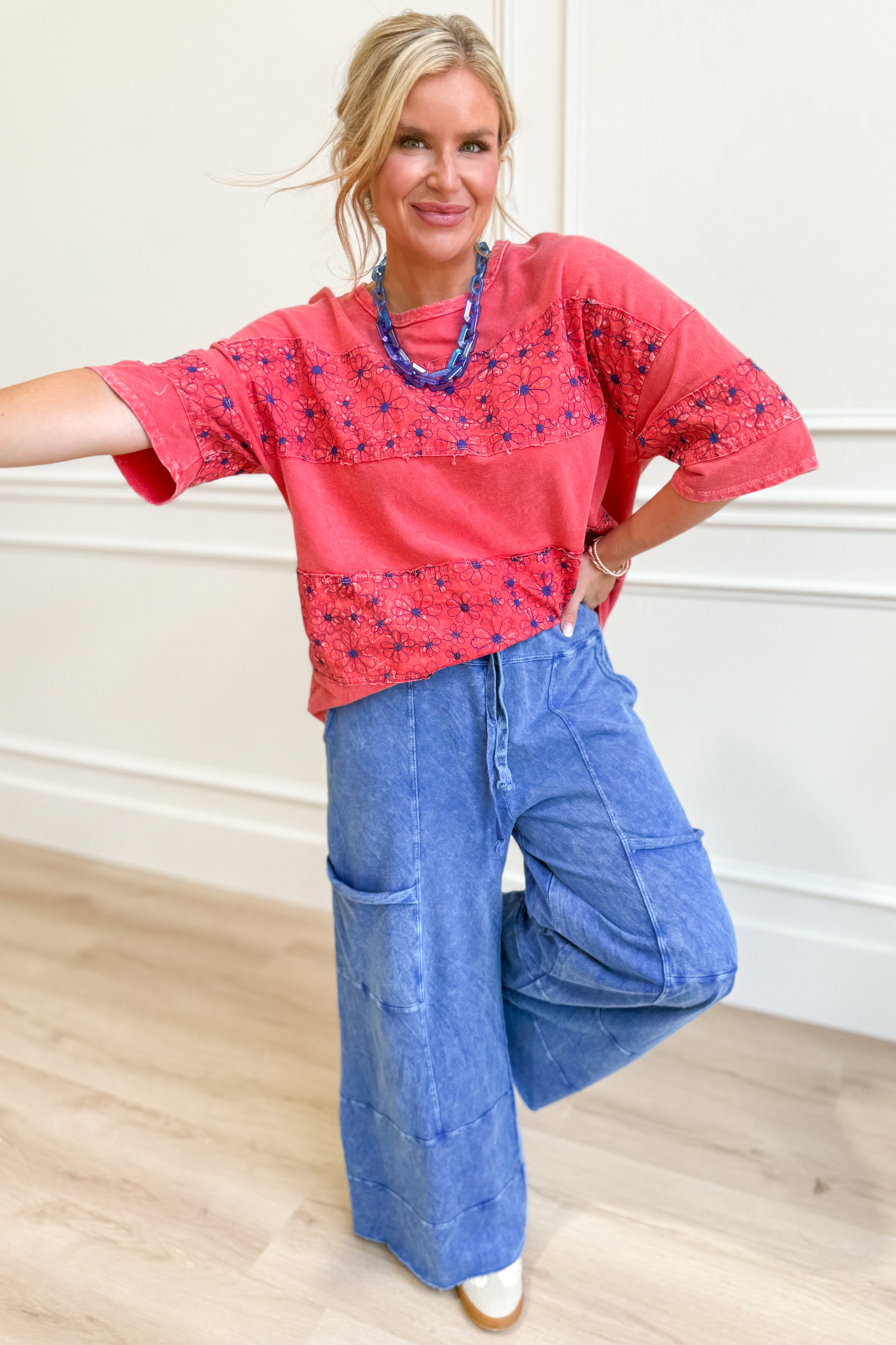 Serene Flower Patch Half Sleeve Top - Be You Boutique
