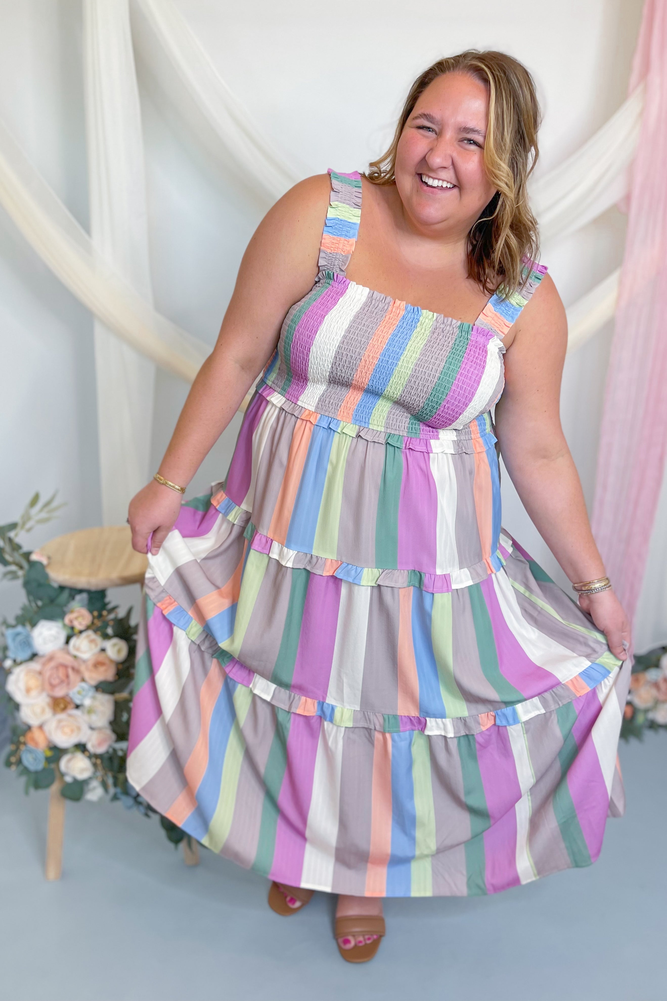 Shelly Striped Smocked Midi Dress - Be You Boutique