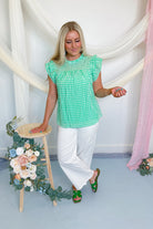 Ashley Checkered Ruffle Neck Top - Green - Be You Boutique