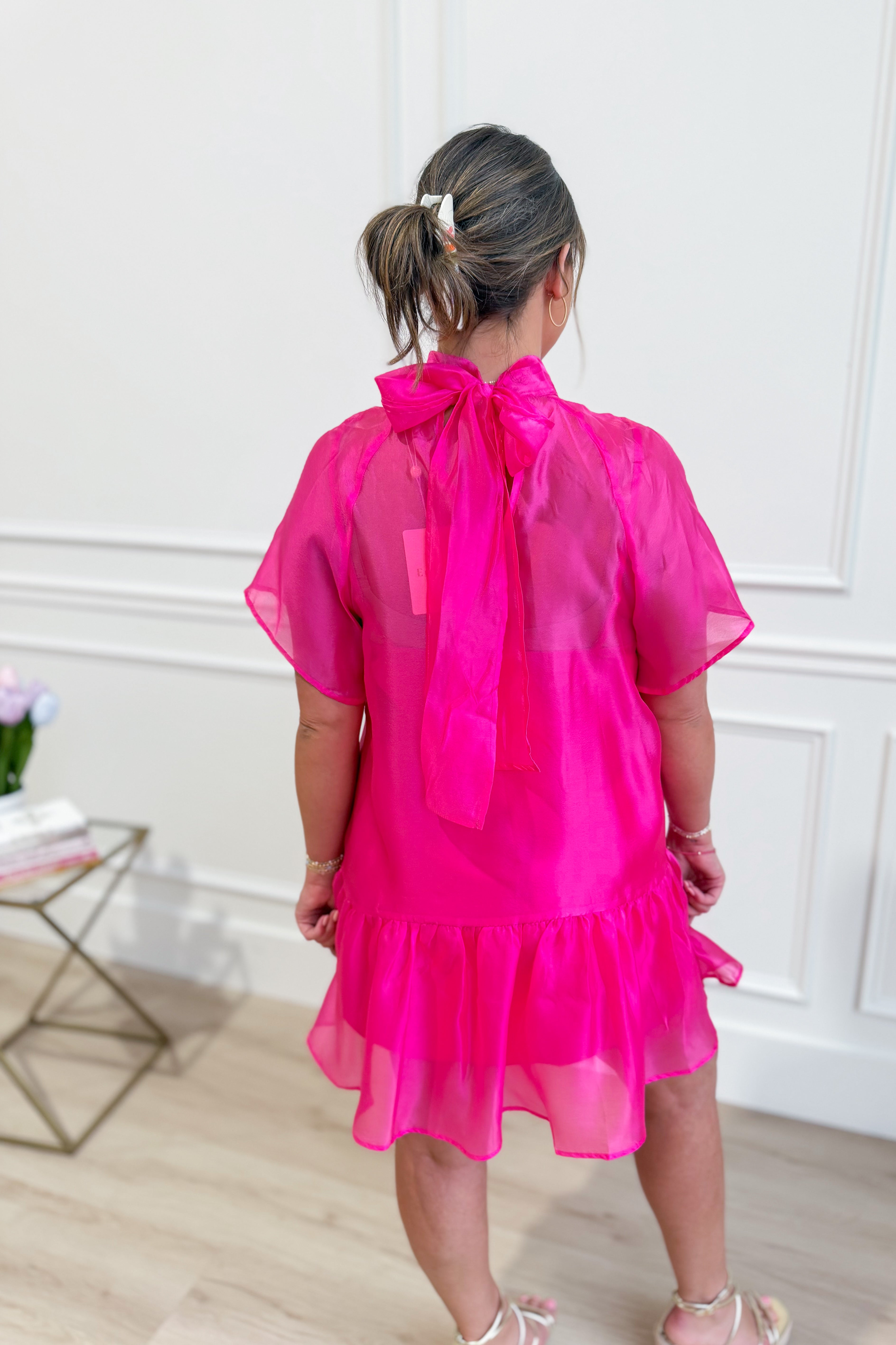ENTRO Kim Hot Pink Flutter Sleeve Mock Neck Dress, stylish and elegant dressy dress with flutter sleeves and mock neckline.