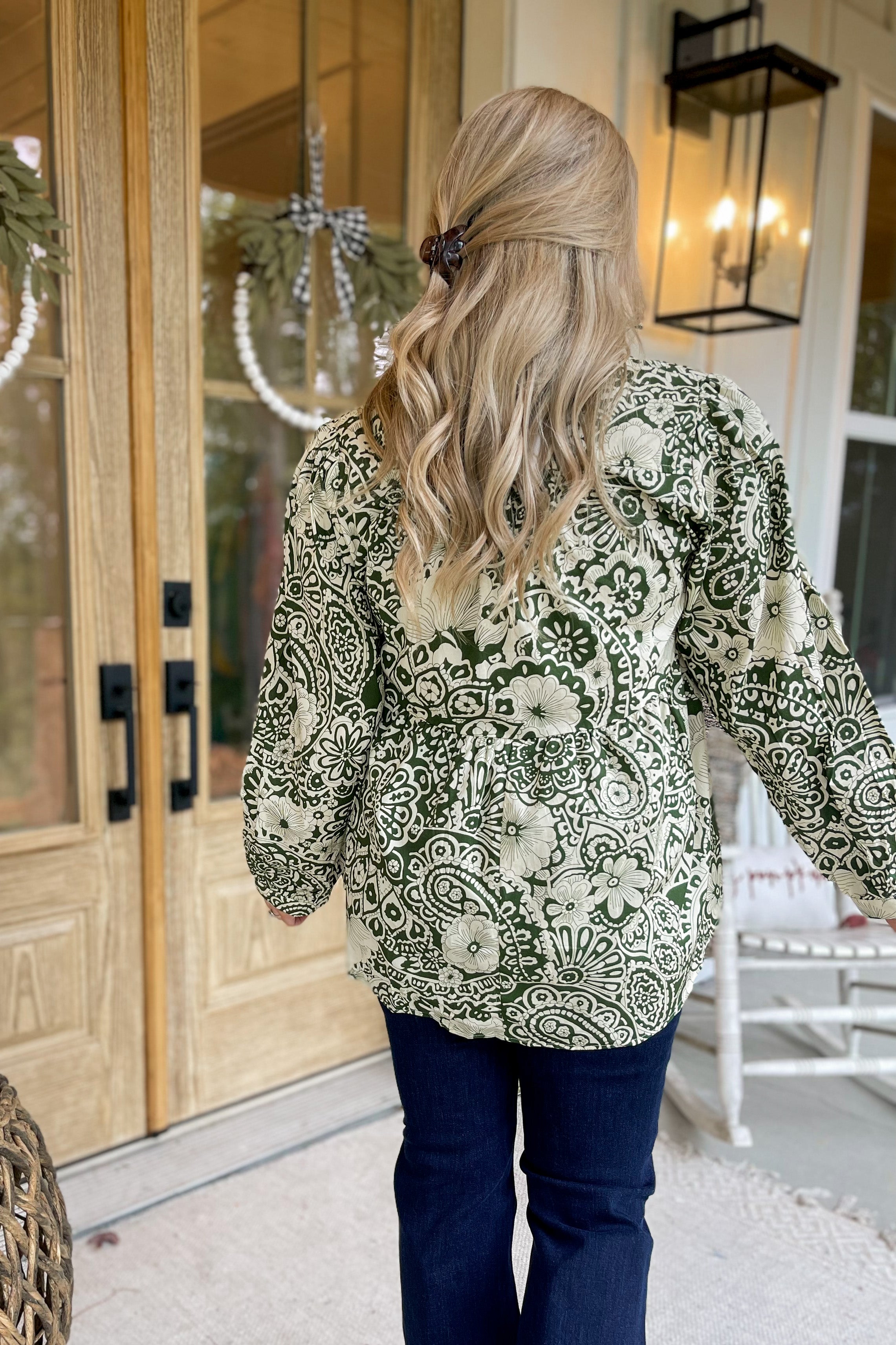 Burke Mixed Print Babydoll V Notch Collared Long Sleeve Top - Be You Boutique