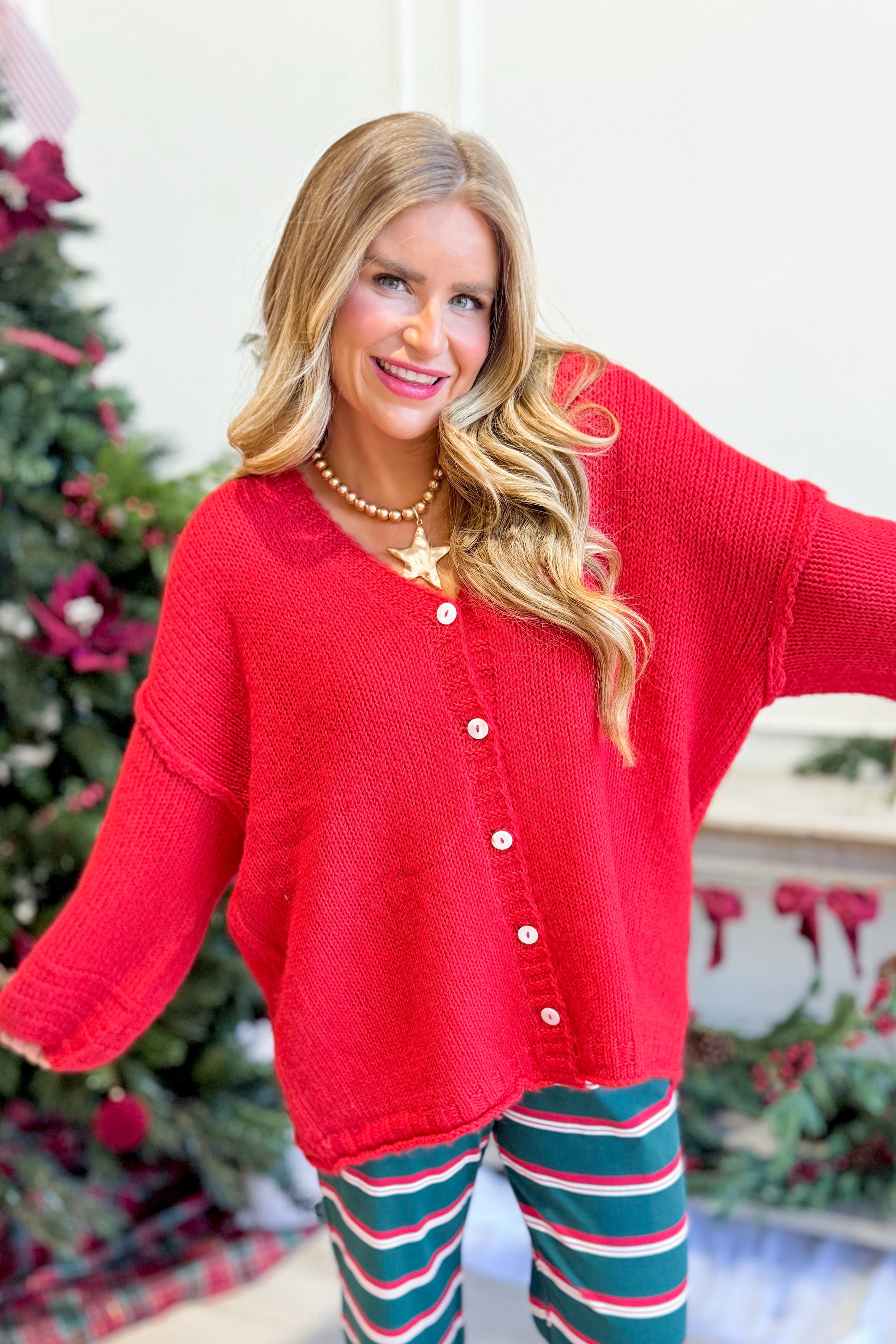 TWENTIFOURTH Margaret Cherry button-down fall sweater in red with cherry motif and front buttons