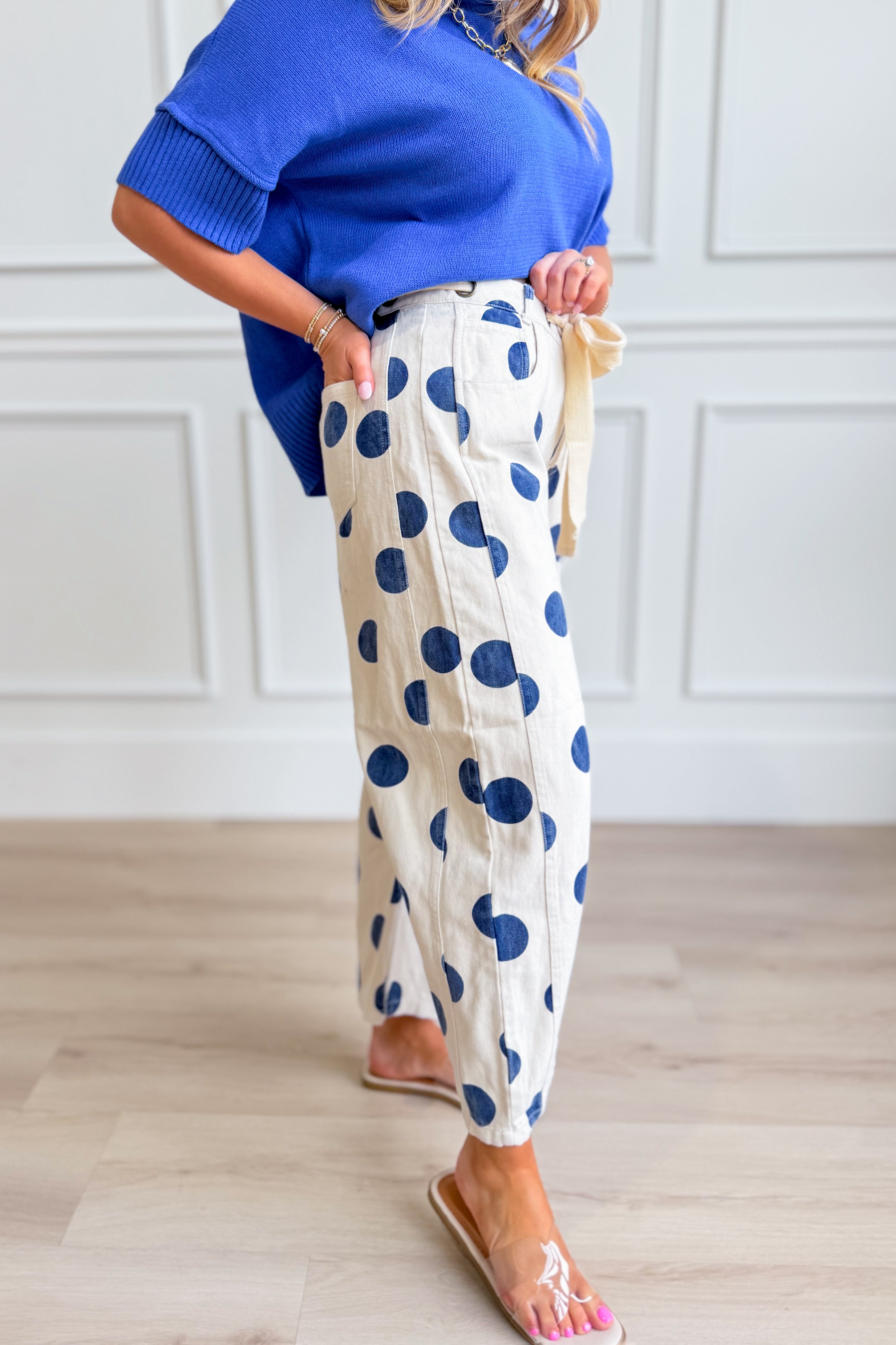 Peach Love Logan Polka Dot Barrel Jean from 147 Novelty Jeans line, featuring classic polka dot pattern and relaxed fit.