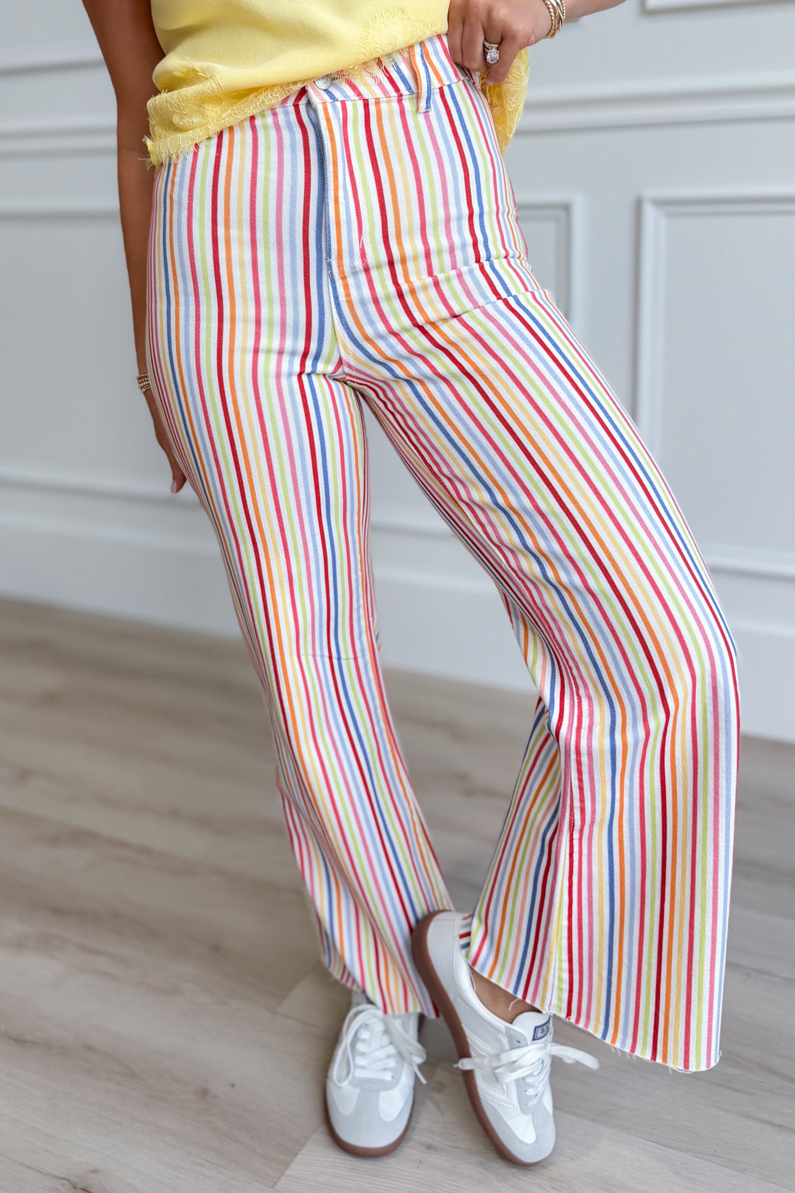 Rainbow Road denim pants from POPPY & PINE, 147 novelty jeans featuring colorful rainbow design and classic denim style.