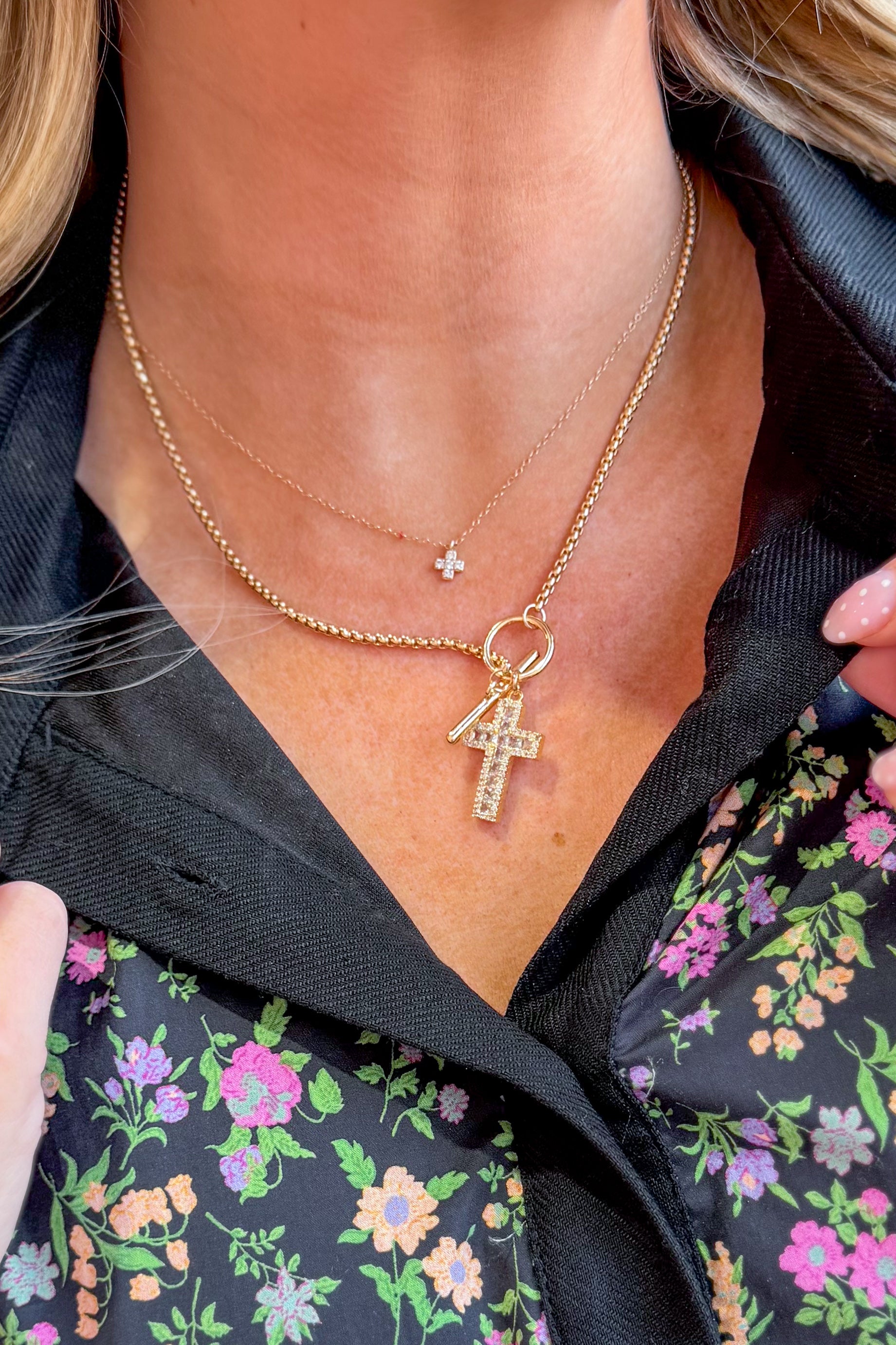 Gold Rope Chain w/ Rhinestone Cross Charm Necklace - Be You Boutique