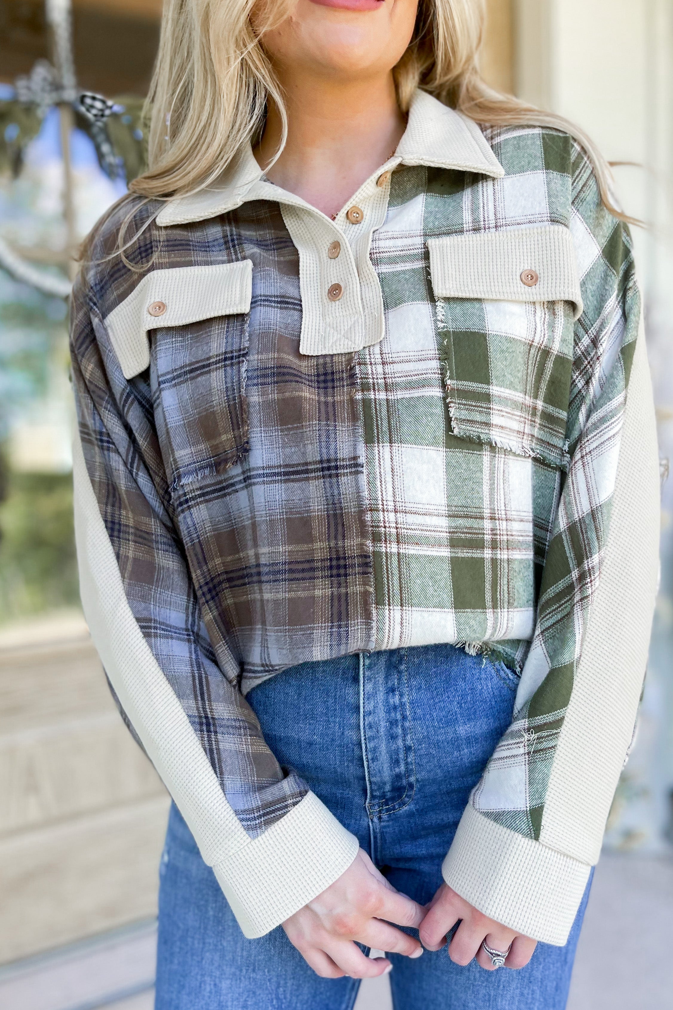 Lisa Plaid Color Block Button Collared Top - Be You Boutique