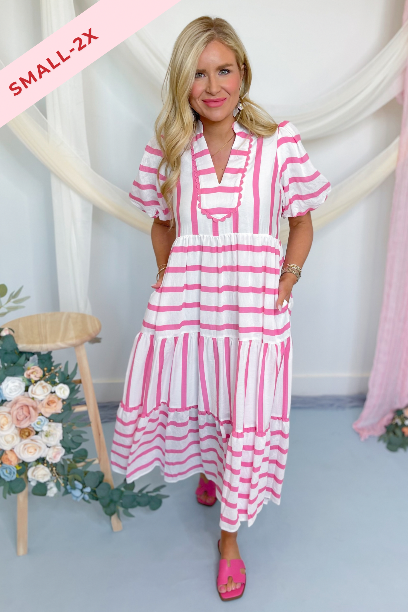Ashley Striped Bubble Sleeve Midi Dress - Be You Boutique