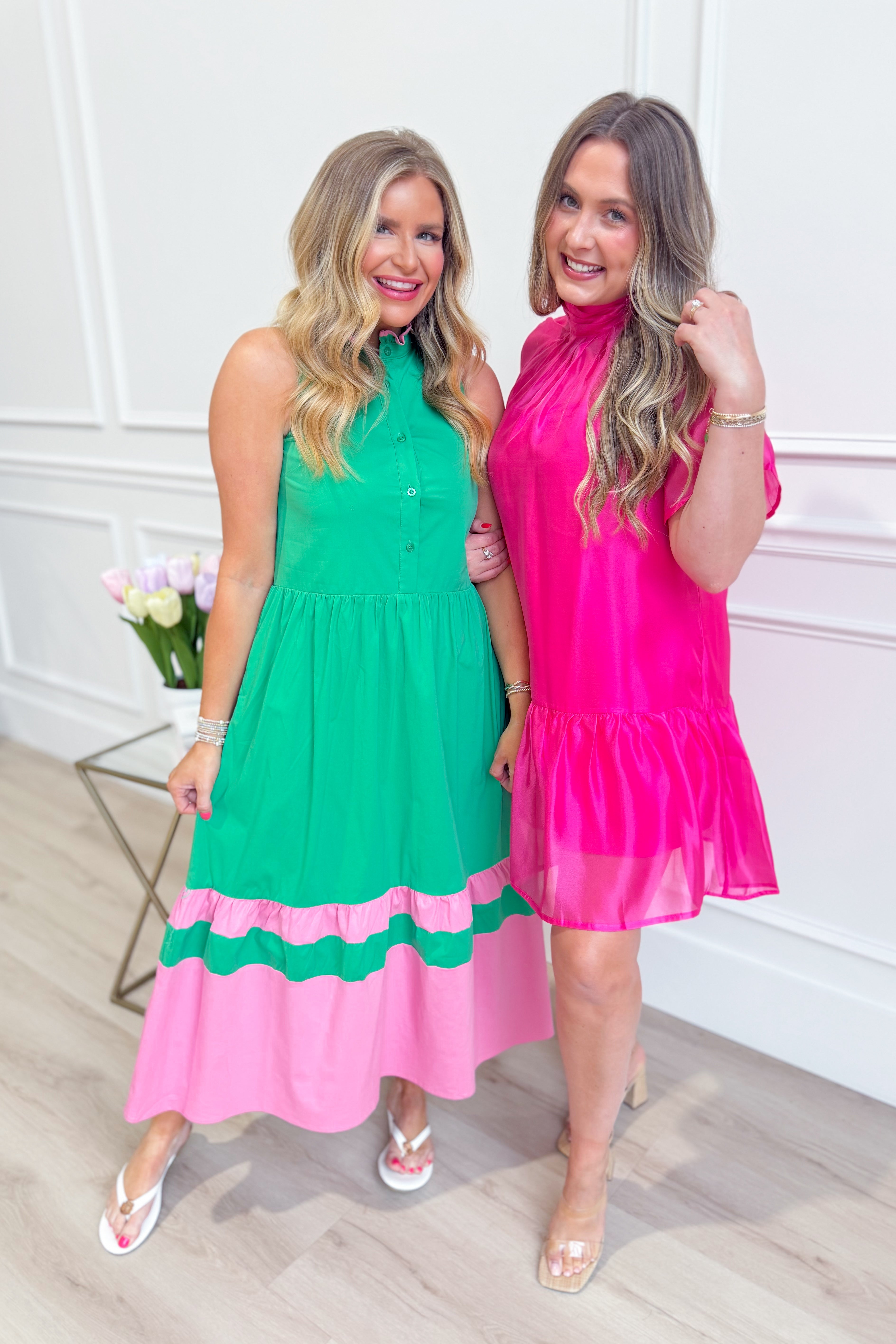 ENTRO Kim Hot Pink Flutter Sleeve Mock Neck Dress, stylish dress with flutter sleeves and mock neckline for elegant occasions.