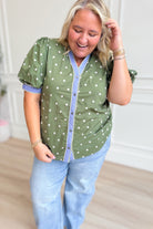 ENTRO Katie Polka Dot Split Neck Top, stylish dressy blouse with polka dots and a split neckline, perfect for casual or semi-formal wear.