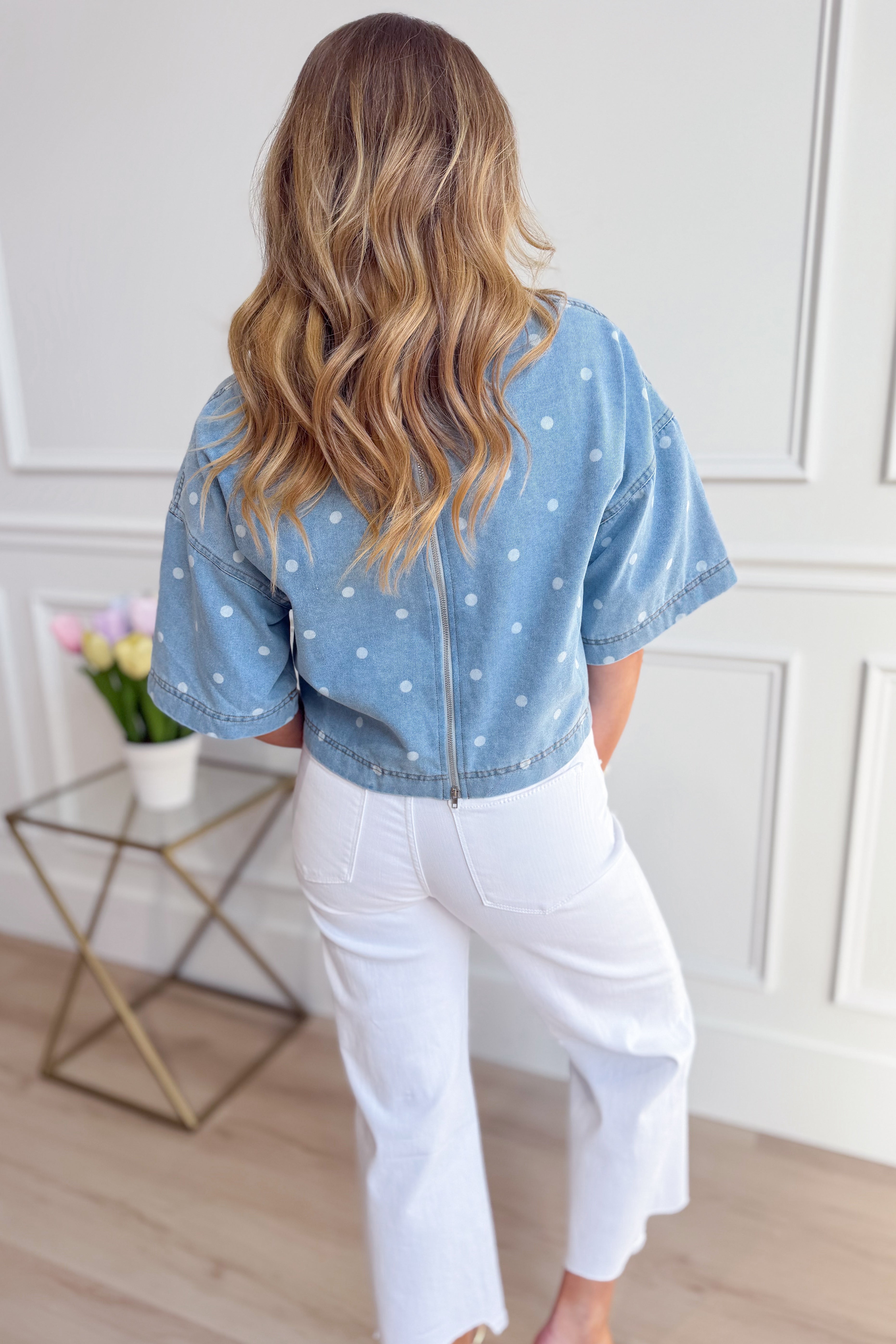 PEACH LOVE Grace polka dot denim top from the 110 Dressy Tops collection, featuring a stylish polka dot pattern and denim fabric.